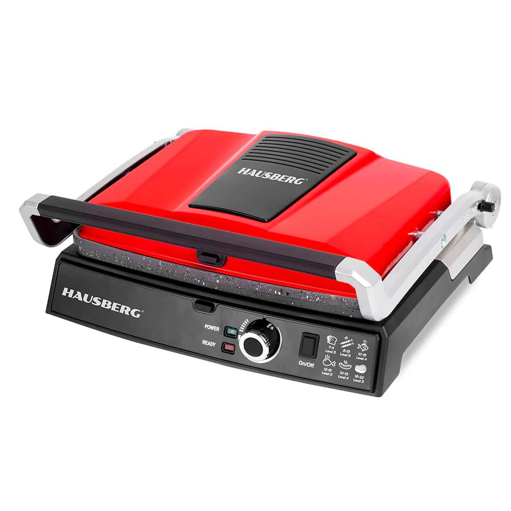 Grill electric Hausberg HB633RS, 2000-2200 W, placi antiaderente, suprafata de gatire 30x24.5 cm, termostat, Rosu Imagine principală a produsului