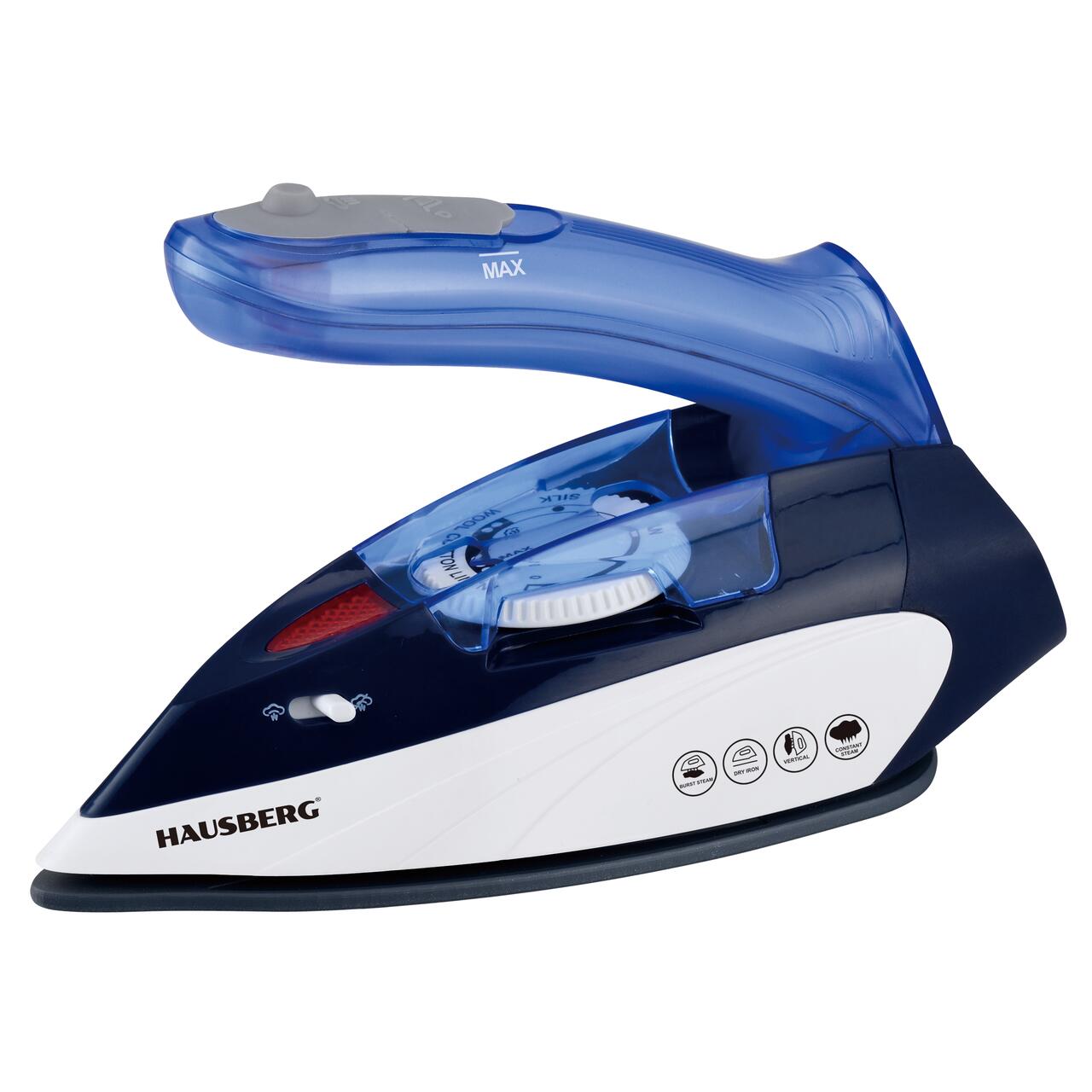 Mini fier de calcat Hausberg HB-7810BL, 1000 W, De voiaj, 75 ml, Ceramica, Auto curatarе, Alb-Albastru Imagine principală a produsului