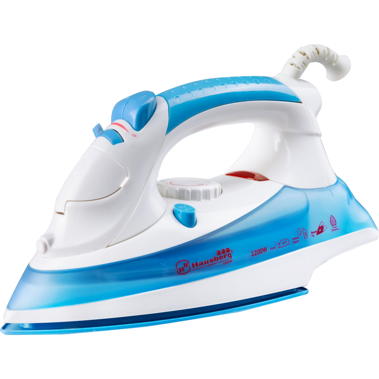 Fier de calcat Hausberg HB-7805BL, 2300W, 165ml, talpa ceramica, jet abur 12g/min, abur verticala 25g/min, sistem antipicurare, sistem autocuratare, Alb/Bleu