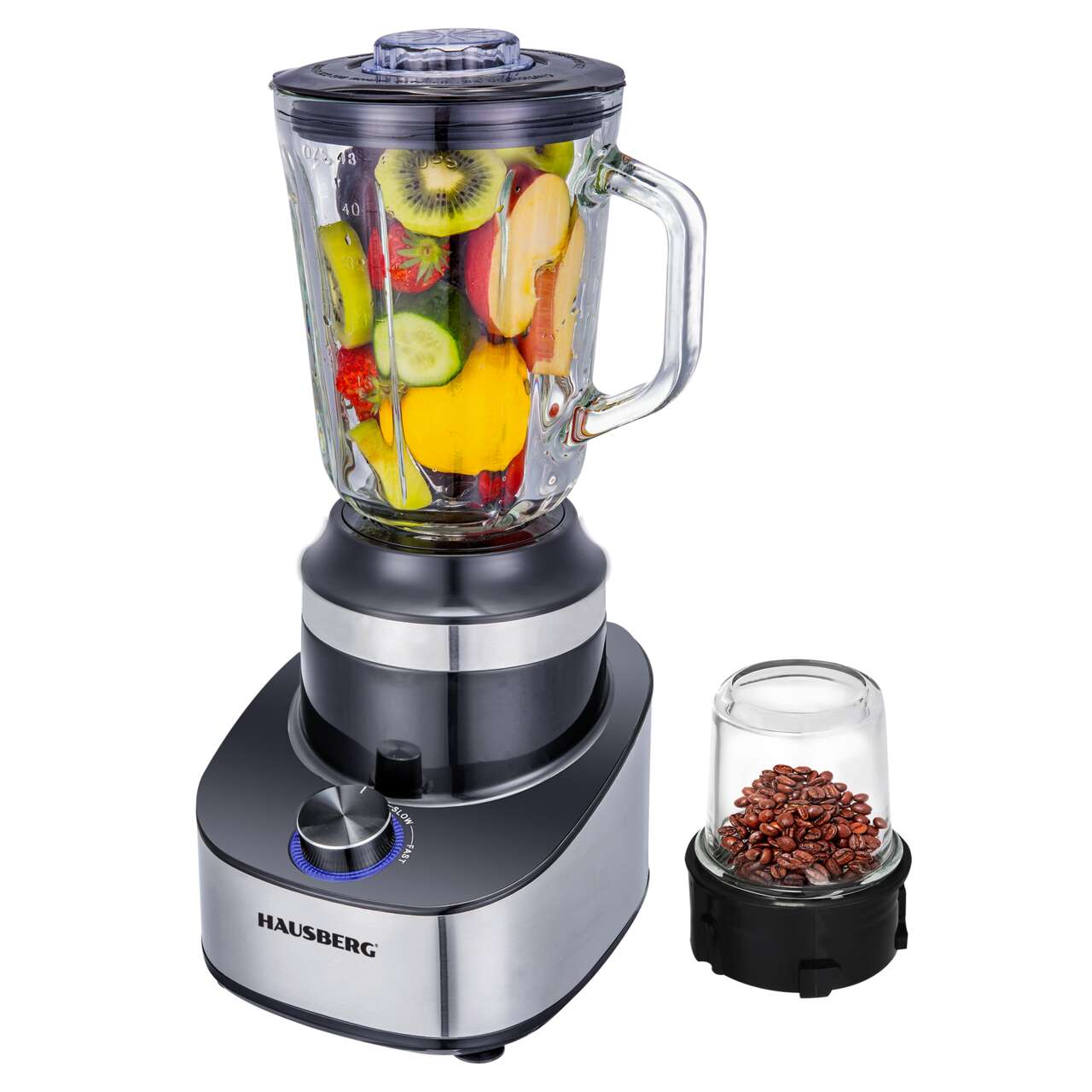 Blender 2 in 1 HAUSBERG HB-7765, 400-500W, 1.5 L, 3 viteze + Pulse, Negru-Inox Imagine principală a produsului