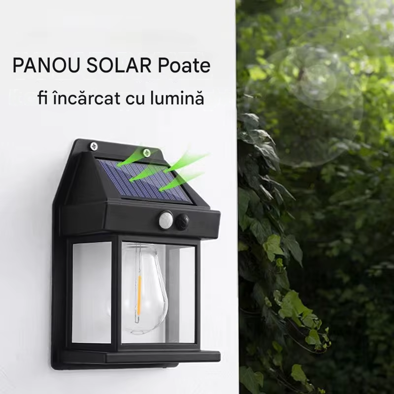 Set 2 Lămpi Solare de Perete tip Felinar cu Senzor de Mișcare | 3 Moduri de Lumină, Acumulator 1200mAh