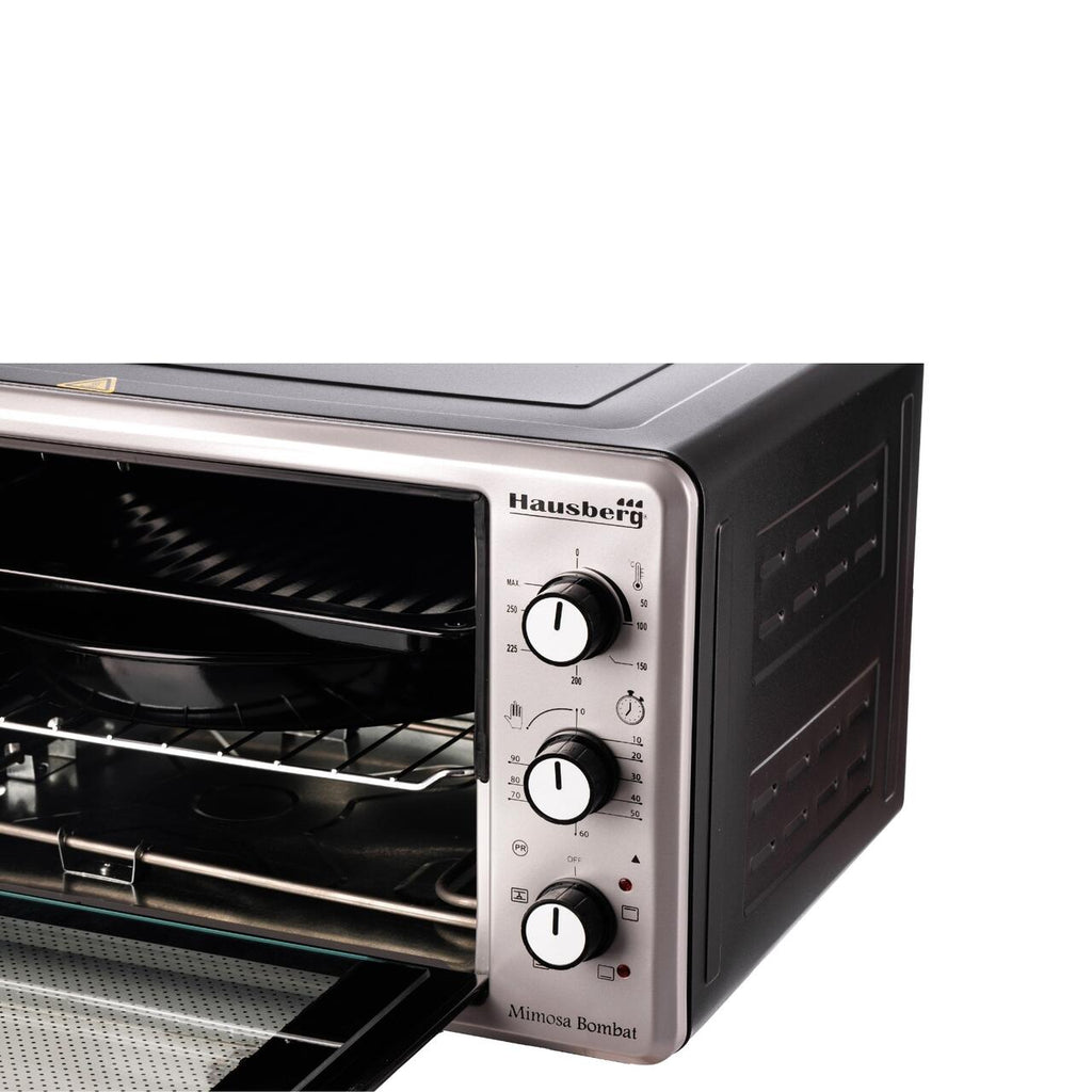 Cuptor Electric cu Ventilator HAUSBERG HB-8015, 1800 W, Geam dublu, 48L, Lumina interioara, Timer, 5 Programe gatire, Termostat reglabil 250 grade, Inox/Negru