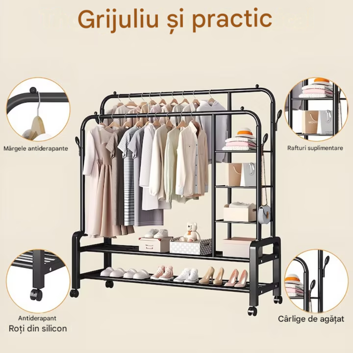 Suport Haine Metalic cu Roți – Organizator Multifuncțional cu 5 Rafturi, 160x110x56.5 cm