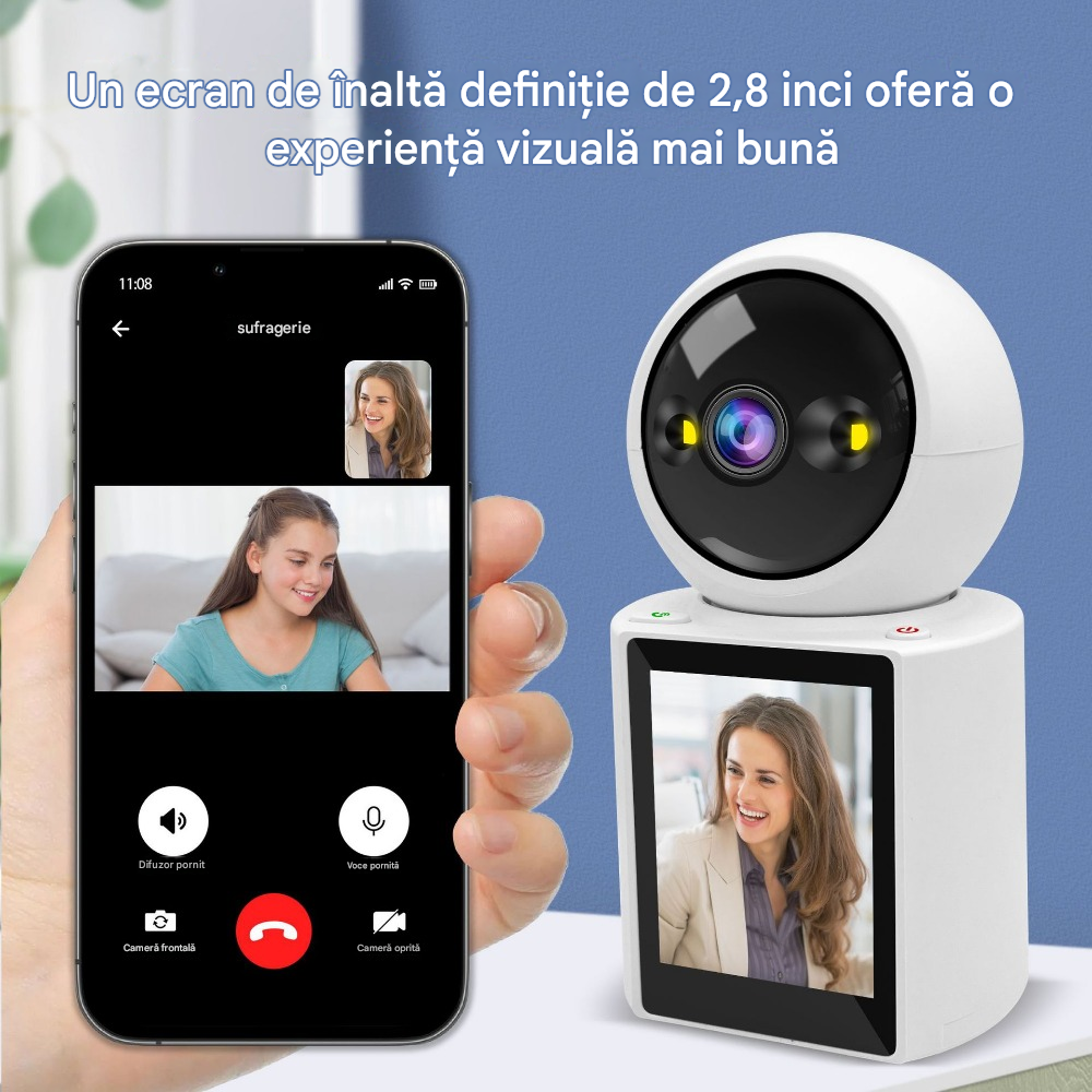 Cameră Supraveghere WiFi 4MP 360° – Monitor Bebeluși, Vedere Nocturnă Color, Ecran 2.8"