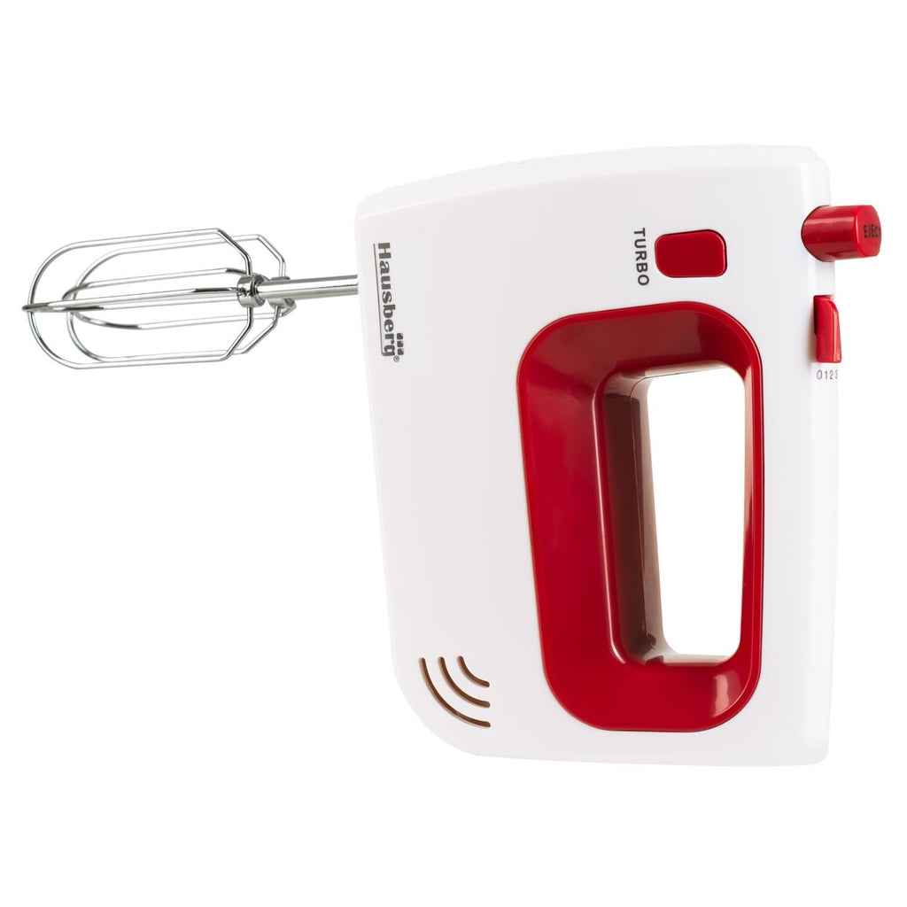 Mixer de mana Hausberg HB-4120RS, 300W ,5 viteze, Functie Turbo, Teluri si carlige metalice, Rosu/Alb