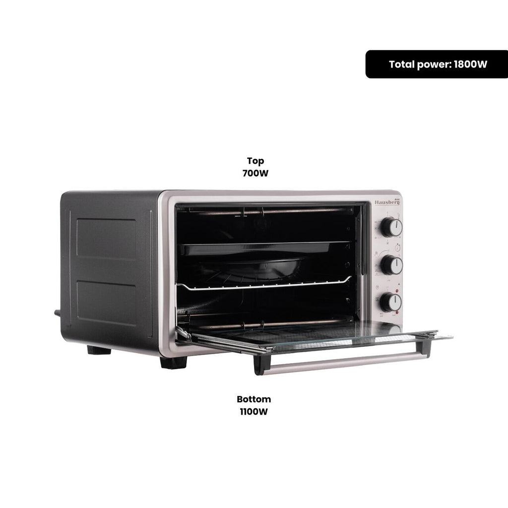Cuptor Electric cu Ventilator HAUSBERG HB-8015, 1800 W, Geam dublu, 48L, Lumina interioara, Timer, 5 Programe gatire, Termostat reglabil 250 grade, Inox/Negru