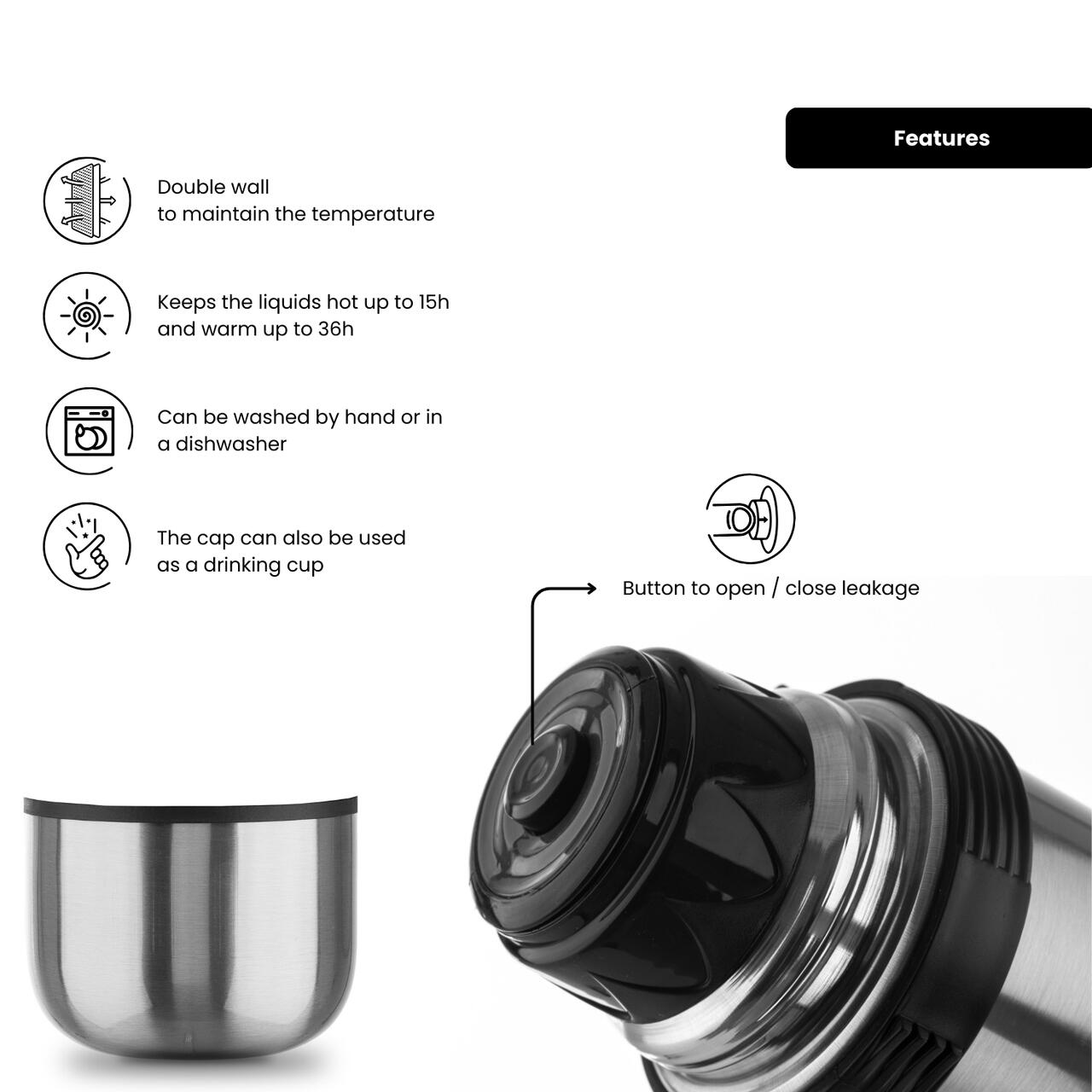 Termos Hausberg HB-H1458, capacitate 750ml, material inox