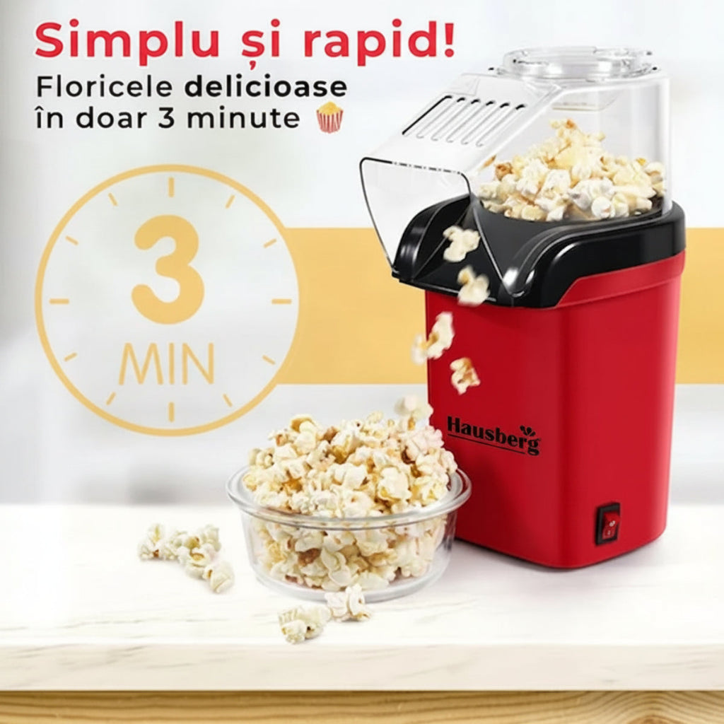 Aparat Popcorn, Hausberg HB910RS 1000 w, jet aer cald, premium, rosu