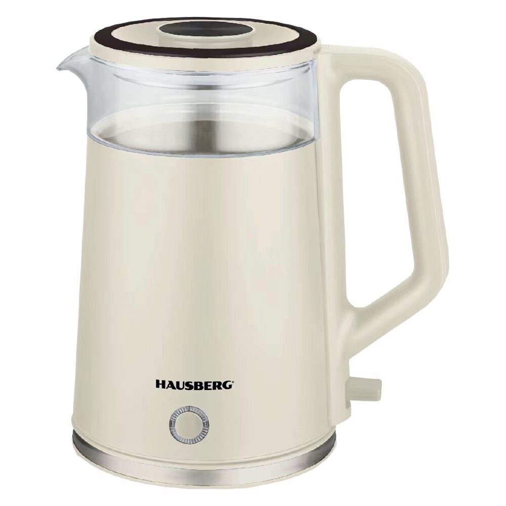 Cana fierbator HAUSBERG HB-3619BEJ, 1500 - 1800W, capacitate 2L, Anti-uscare, Oprire automata, Material Inox, sticla + plastic Bej Imagine principală a produsului