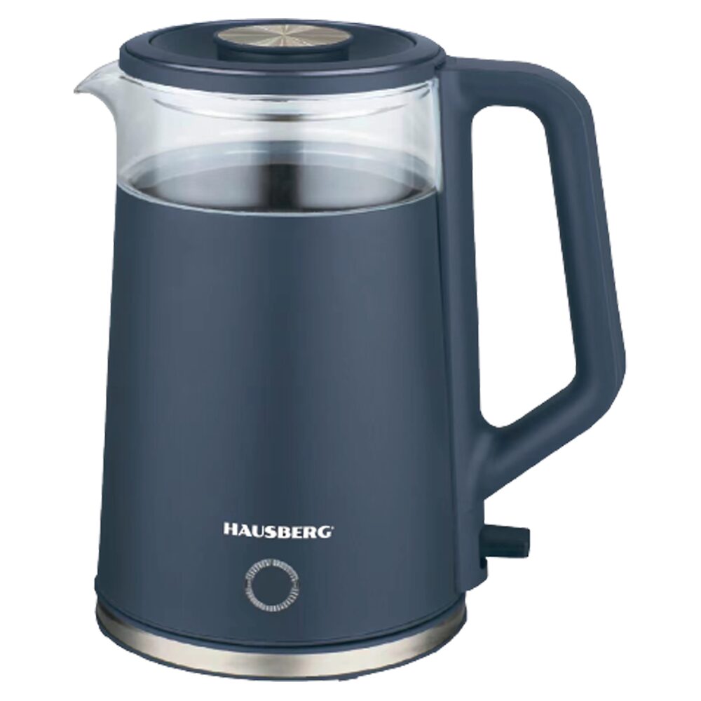 Cana fierbator HAUSBERG HB-3619BL, 1500 - 1800W, capacitate 2L, Anti-uscare, Oprire automata, Material Inox, sticla + plastic Bleu Imagine principală a produsului