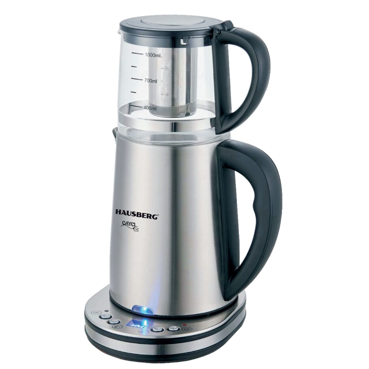 Aparat digital preparare ceai HAUSBERG HB-3640IN, 1500W, cana 1.7L, ceainic 1L, panou din otel inoxidabil cu afisaj digital, termostat, Inox Imagine principală a produsului