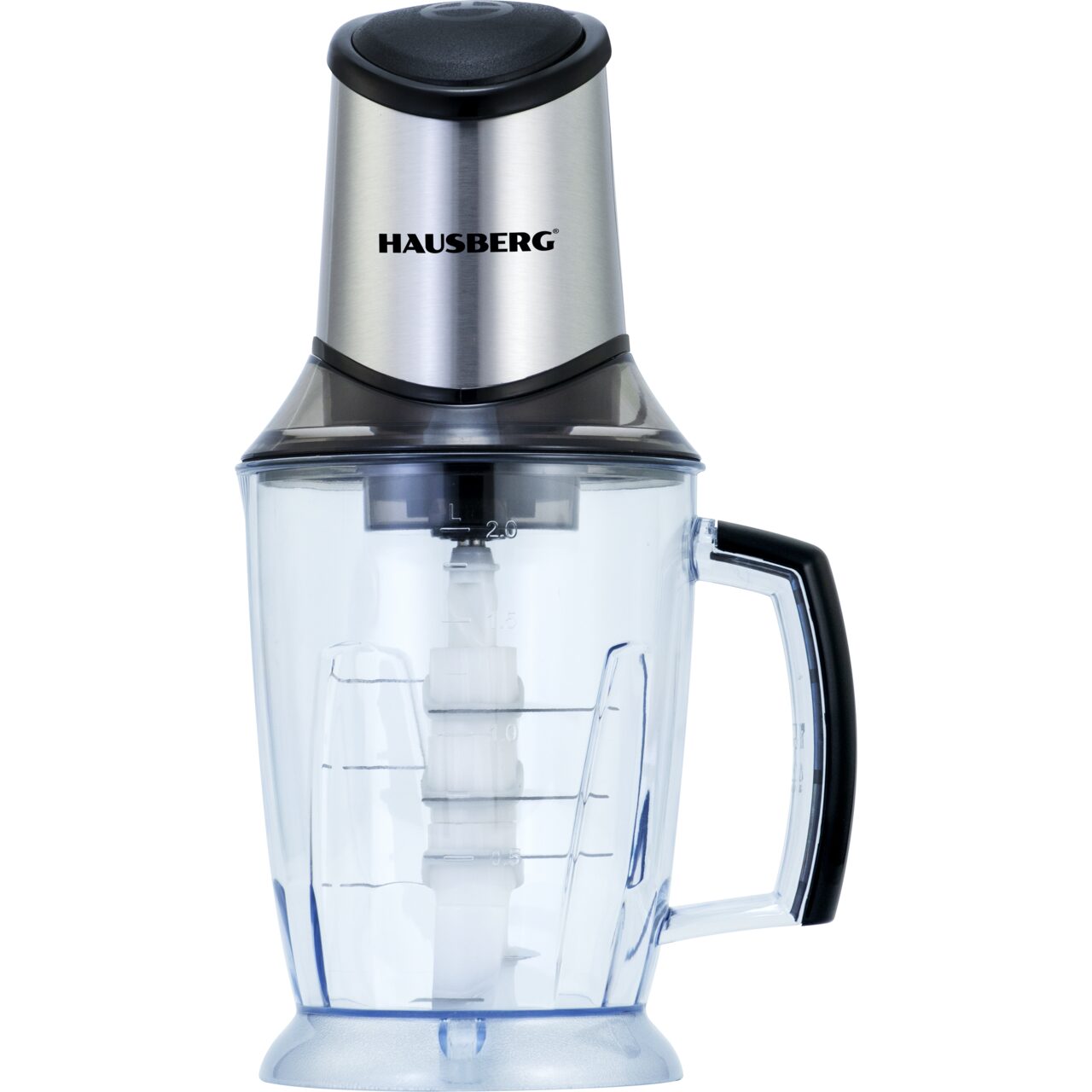 Tocator electric HAUSBERG HB-4508IN, 500-700W, 1 treapta de viteza, 2 litri, bol din plastic, 8 cutite cu lame din otel inoxidabil, argintiu Imagine principală a produsului
