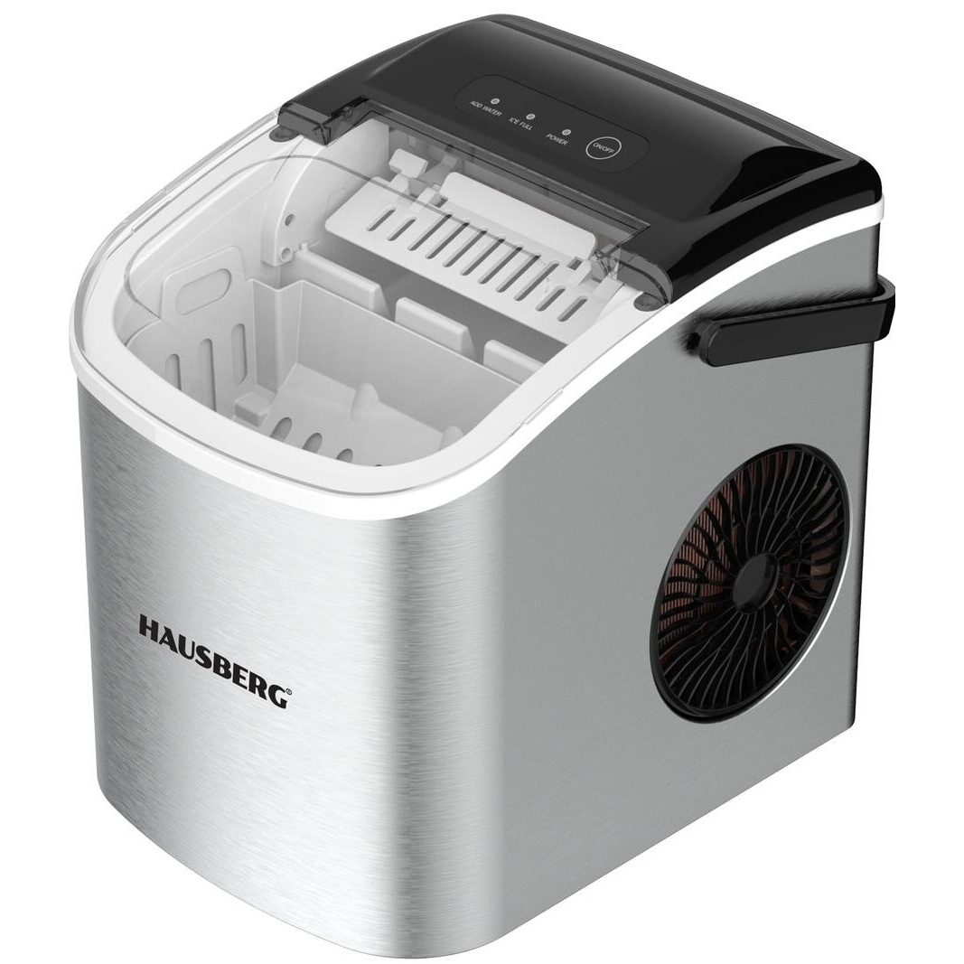 Aparat de preparat gheata HAUSBERG HB-6019IN, capacitate vas apa 1.2 litri, productie cuburi gheata 12-15 kg / 24 ore, capacitate de stocare 0.6 kg, 9 cuburi/6-9 min, argintiu Imagine principală a produsului