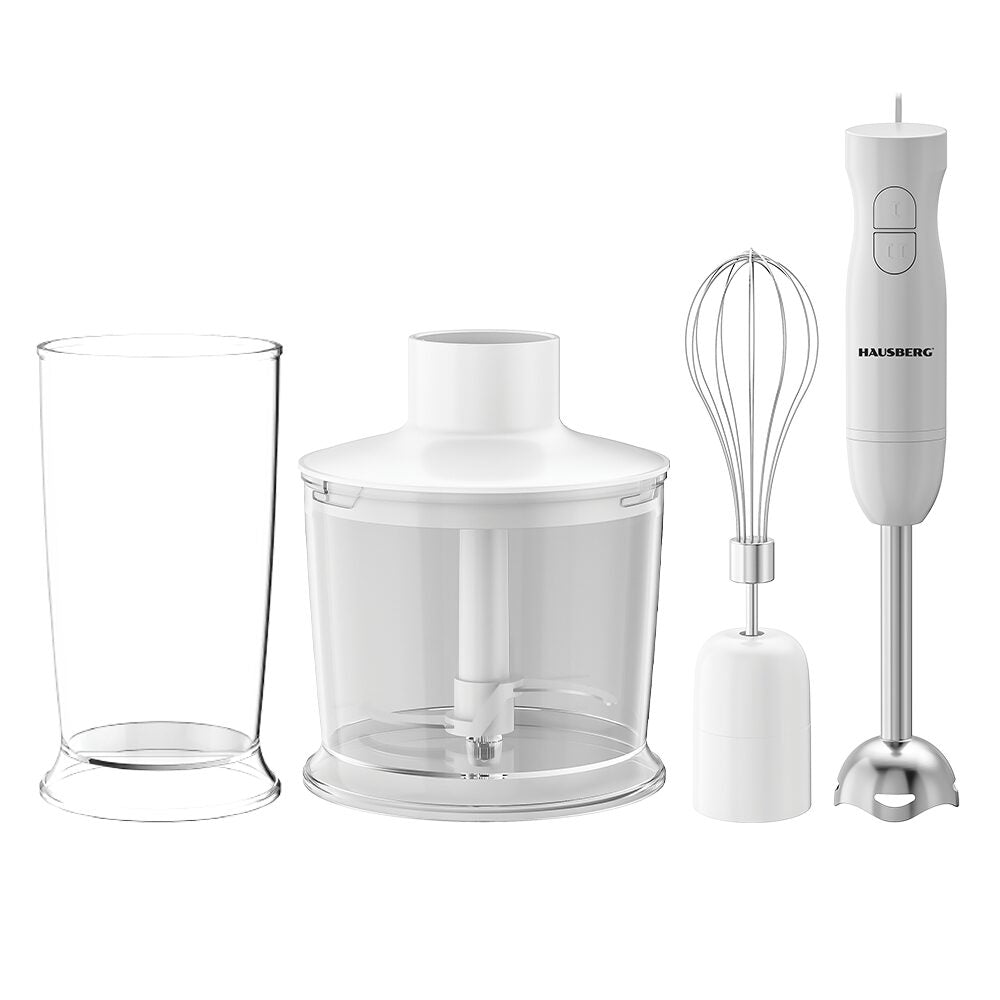 Blender 3 in 1 HAUSBERG HB-7701AB, 500W, 2 viteze, Material ABS, lame din inox, Capacitate pahar 700ml, tocator 500ml, Alb Imagine principală a produsului
