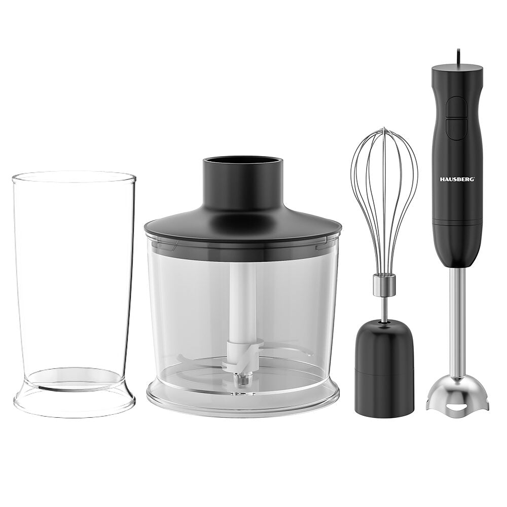 Blender 3 in 1 HAUSBERG HB-7701NG, 500W, 2 viteze, Material ABS, lame din inox, Capacitate pahar 700ml, tocator 500ml, Negru Imagine principală a produsului