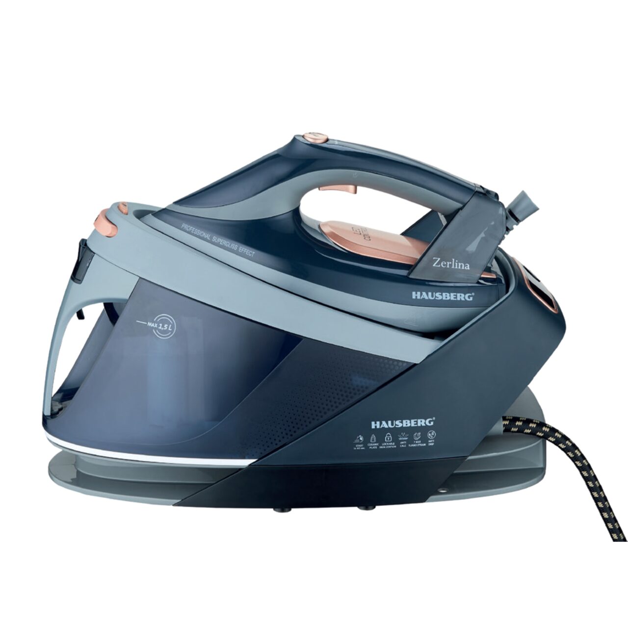 Statie de calcat HAUSBERG HB-7925NG, 3000W, 40-50g/min, 1.5l, auto-curatare, termostat, talpa ceramica, negru Imagine principală a produsului