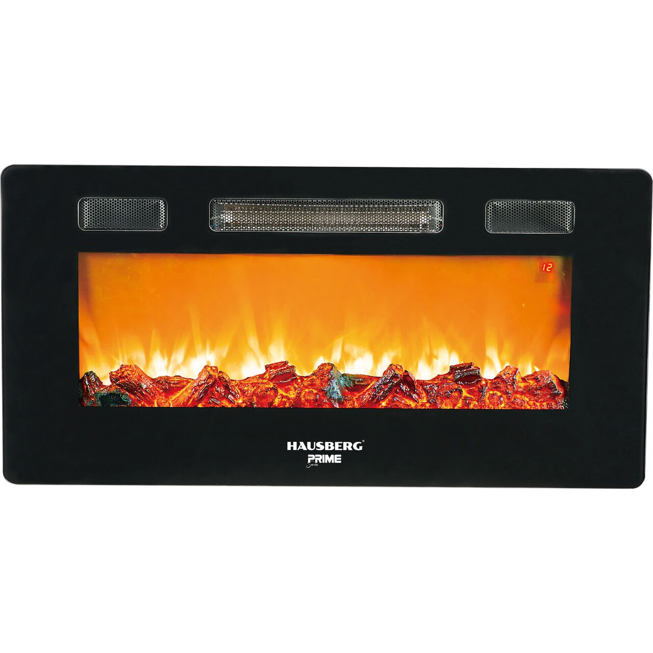 Semineu electric de perete Hausberg HB-8225, 1800W, Telecomanda, 3 Niveluri de lucru, Turboventilator, Elect de flacara led culoare portocalie, Termostat reglabil, Fier + sticla Imagine principală a produsului