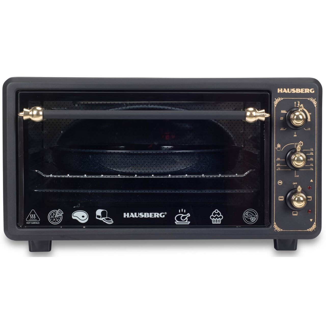 Cuptor electric Rustic HAUSBERG HB-8001RST, 1400W, 48l, Timer mecanic, Termostat reglabil, 4 nivele de inaltime a tavii, usa din sticla rezistenta la temperature ridicate, panou mecanic, Negru-Auriu Imagine principală a produsului