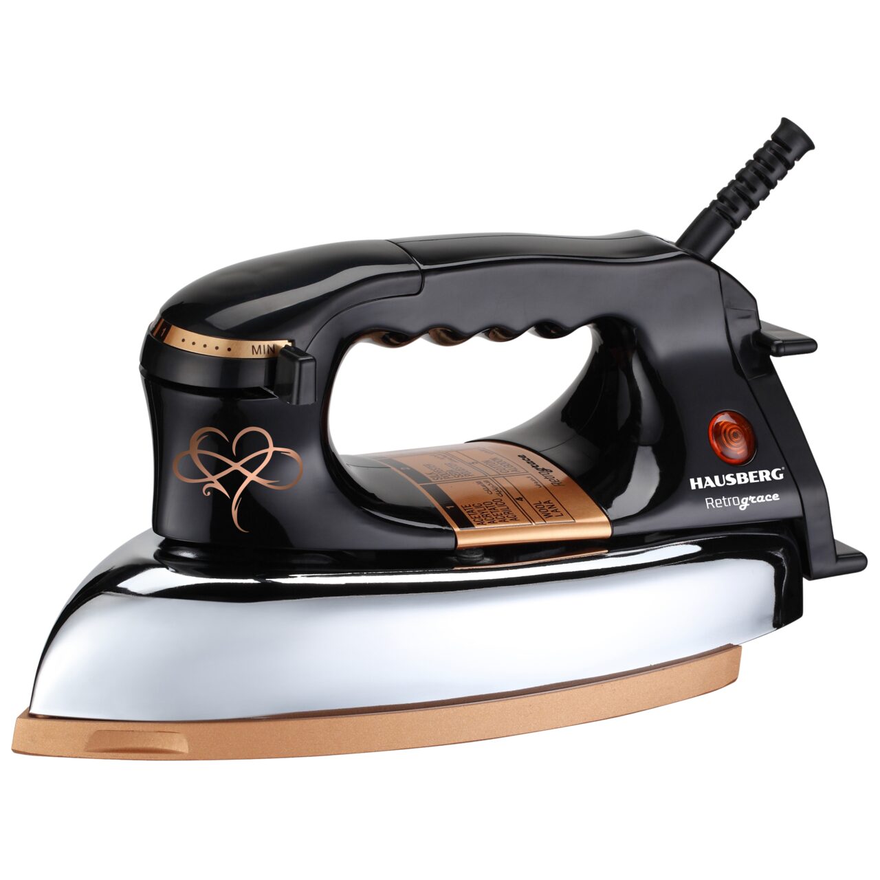 Fier de calcat Retro HAUSBERG HB-7817NG, 1000-1200W, Talpa acoperit ceramic turnat, Termostat, 6 Setari temperatura, Indicator luminos, Protectie supraincalzire, Temperatura 200°C, Negru Imagine principală a produsului