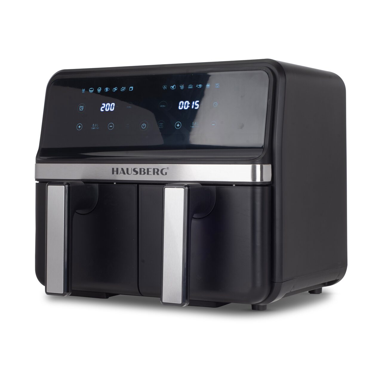 Friteuza dubla cu aer cald HAUSBERG HB-2373NG, 2200-2400W, capacitate 8.4L, termostat reglabil cu afisaj LED, control digital individual, 14 programe prestabilite, temporizator 60 min, ventilator de racire, Negru Imagine principală a produsului