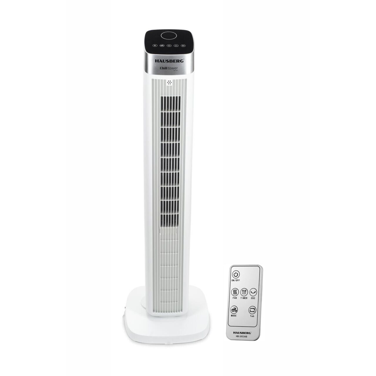 Ventilator turn digital Hausberg HB-5953AB, 55W, 41 inch, 3 viteze, 3 moduri, temporizator 24h, LED, oscilatie, telecomanda, difuzor parfum, alb Imagine principală a produsului