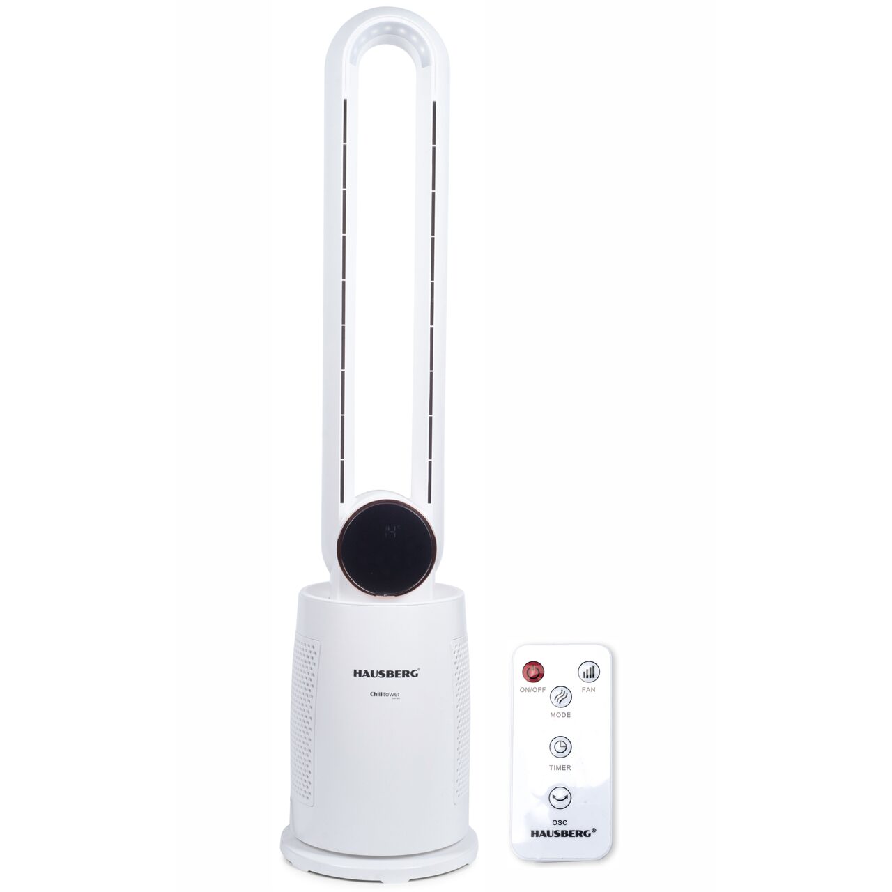 Ventilator turn digital Hausberg HB-5957AB, 65W, 12 viteze, 4 programe, ionizare negativa, temporizator 12h, oscilatie 40°, LED, telecomanda, alb Imagine principală a produsului