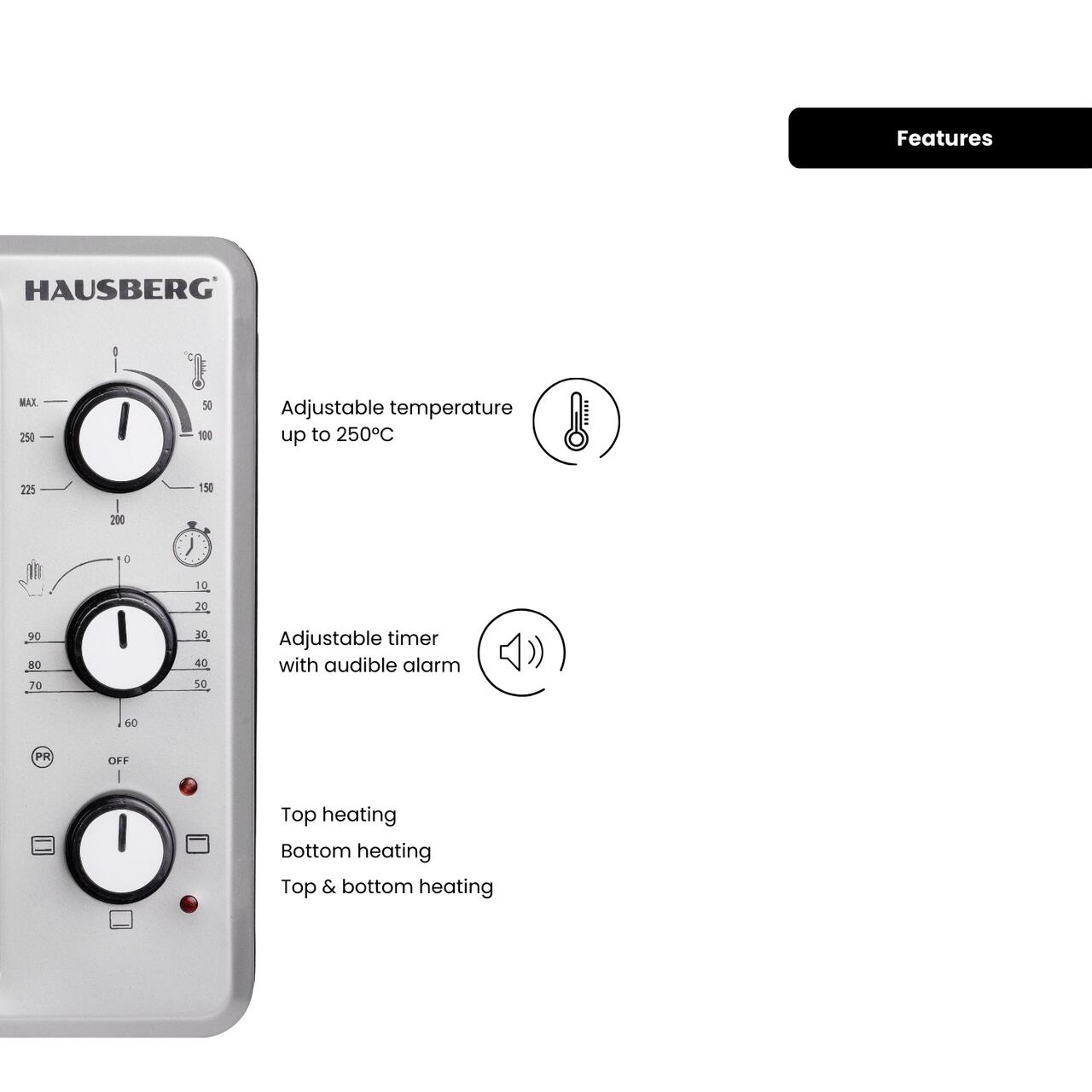Cuptor Electric Hausberg HB-8000P capacitate 48 Litri, putere 1800W, Temperatura maxima 230 grade, timer prevazut cu alarma sonora