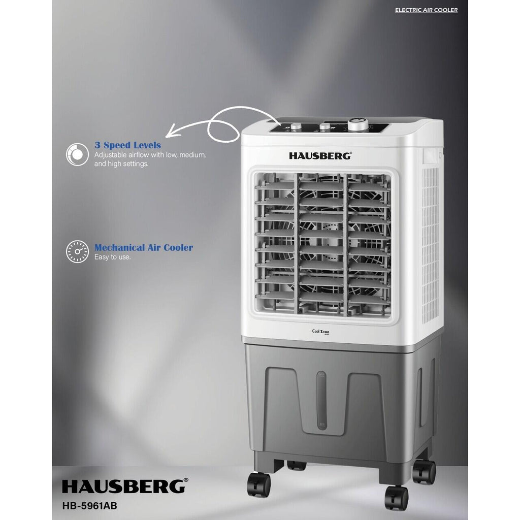 Racitor de aer portabil Hausberg HB-5961AB, 75W, rezervor 20L, 3 viteze, control mecanic, 2 cutii gheata, alb