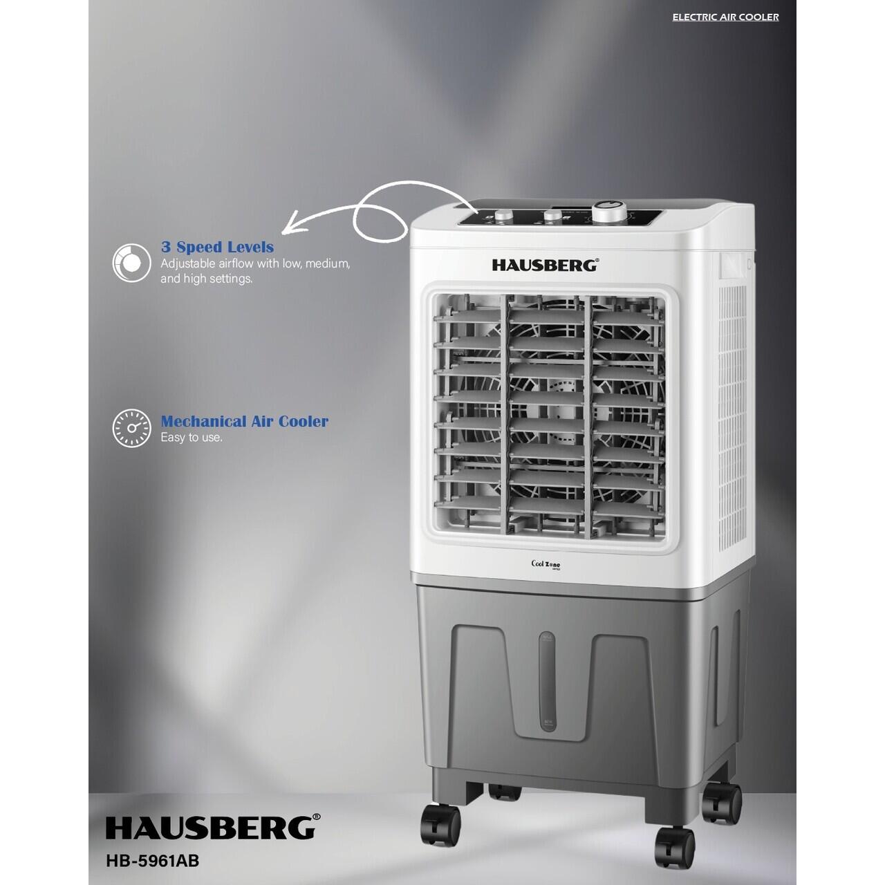 Racitor de aer portabil Hausberg HB-5961AB, 75W, rezervor 20L, 3 viteze, control mecanic, 2 cutii gheata, alb