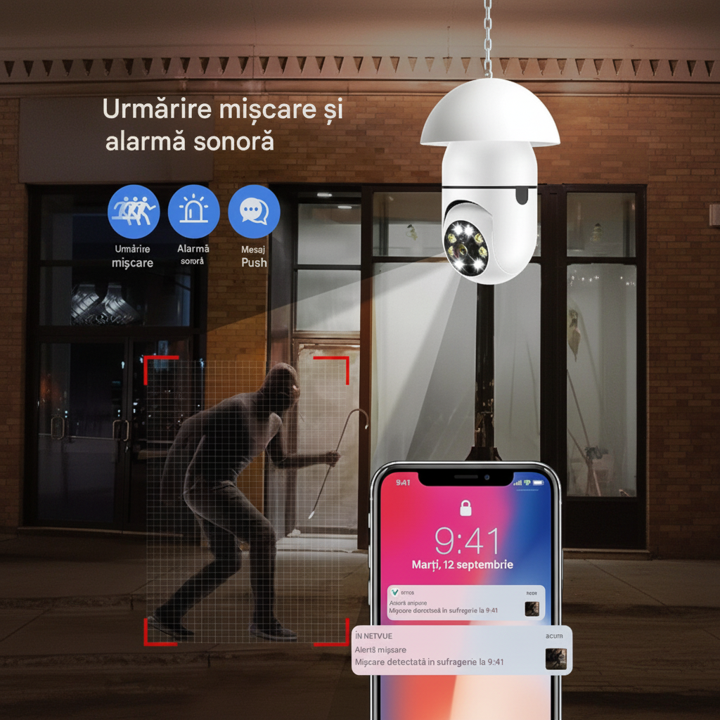 Cameră Supraveghere WiFi 360° Tip Bec E27 – 1080P, Vedere Nocturnă, Senzor Mișcare