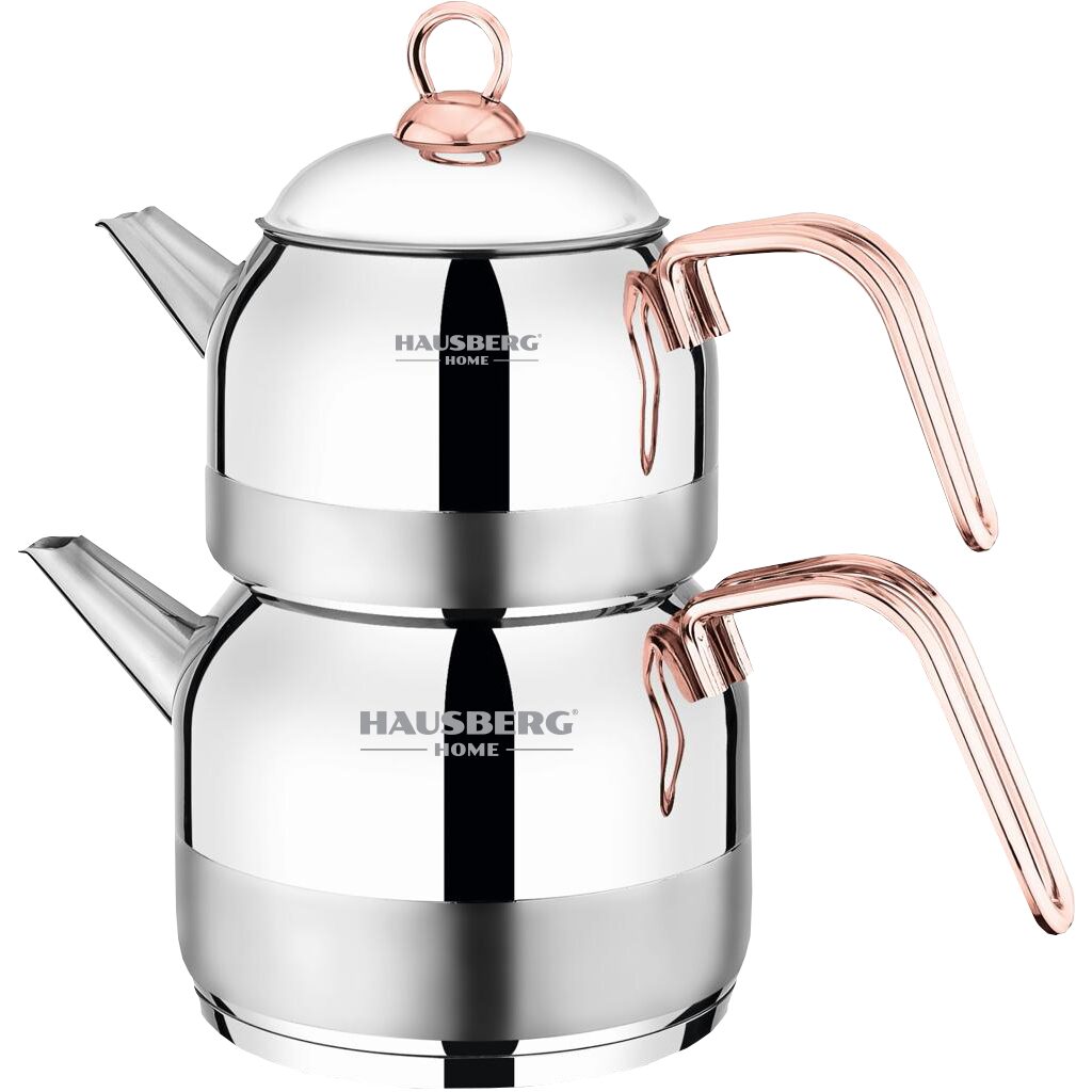 Set ceainic si fierbator HAUSBERG HB-H610, Otel inoxidabil, Inductie, Maner ergonomic, Ceainic 1L, Fierbator 2L, Argintiu Imagine principală a produsului