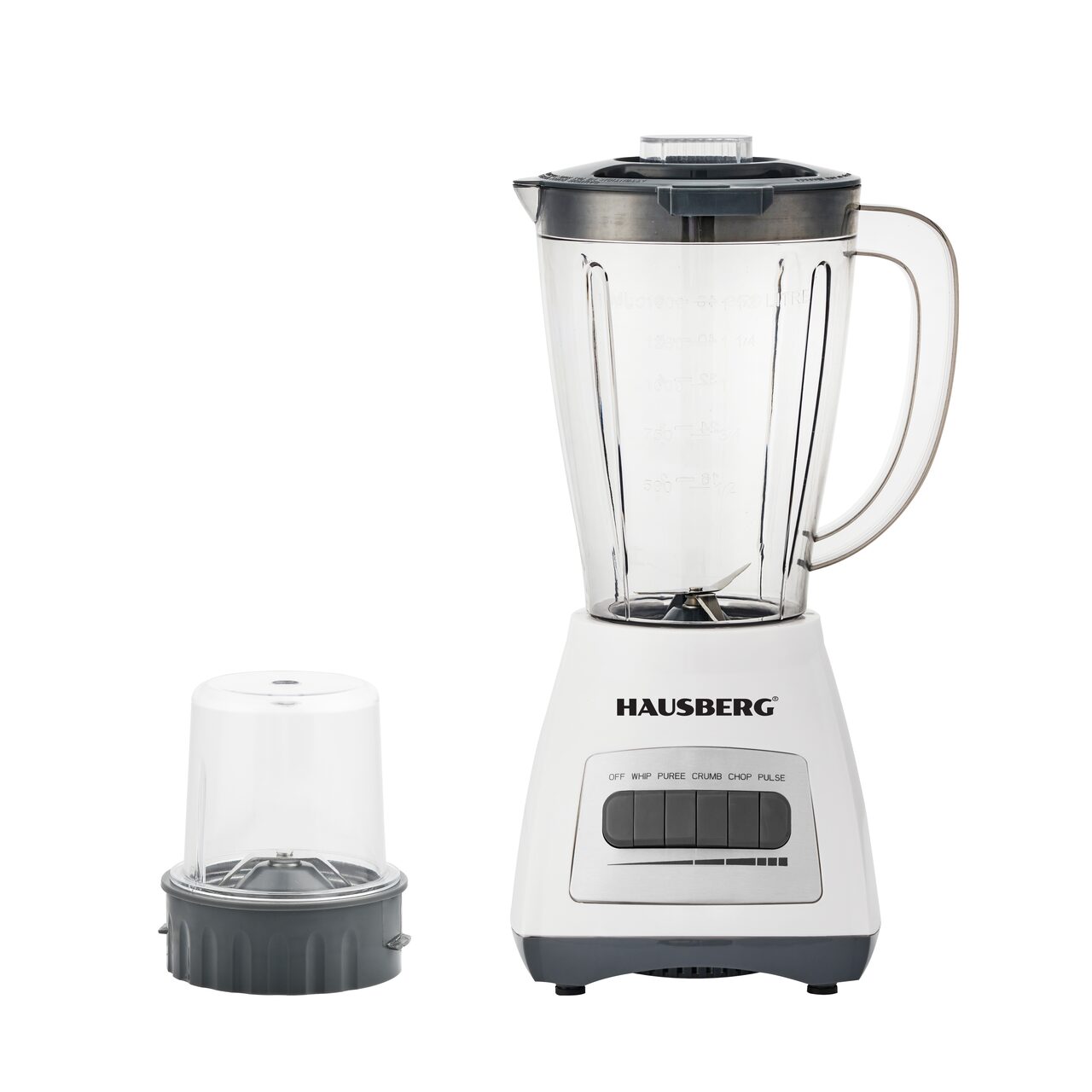 Blender cu rasnita HAUSBERG HB-7770AB, 500 W, 4 trepte de viteza, vas din plastic gradat de 1.5 litri, functie Pulse, lame din otel inoxidabil, sistem de siguranta, alb Imagine principală a produsului