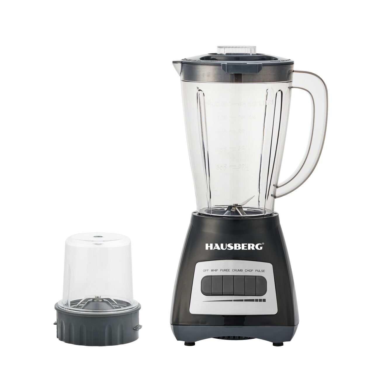 Blender cu rasnita HAUSBERG HB-7770NG, 500 W, 4 trepte de viteza, vas din plastic gradat de 1.5 litri, functie Pulse, lame din otel inoxidabil, sistem de siguranta, negru Imagine principală a produsului