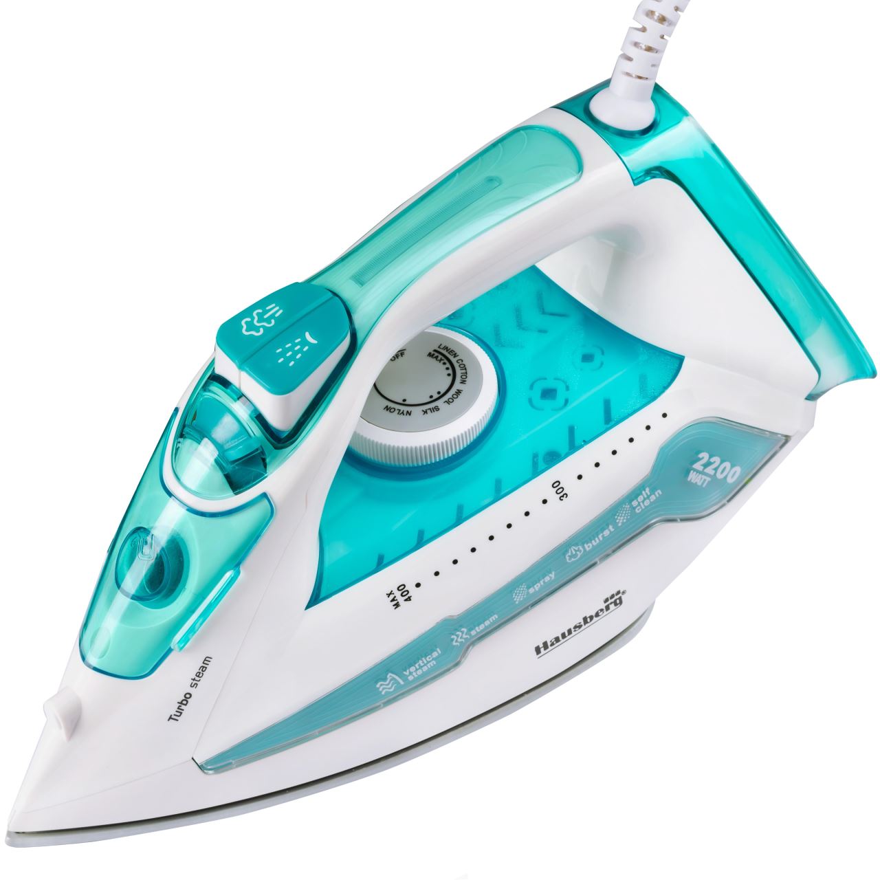 Fier de calcat Hausberg HB-7898AB, talpa ceramica, jet de abur 18g/min, Functie spray 2000-2300W, Alb/Albastru Imagine secundară a produsului