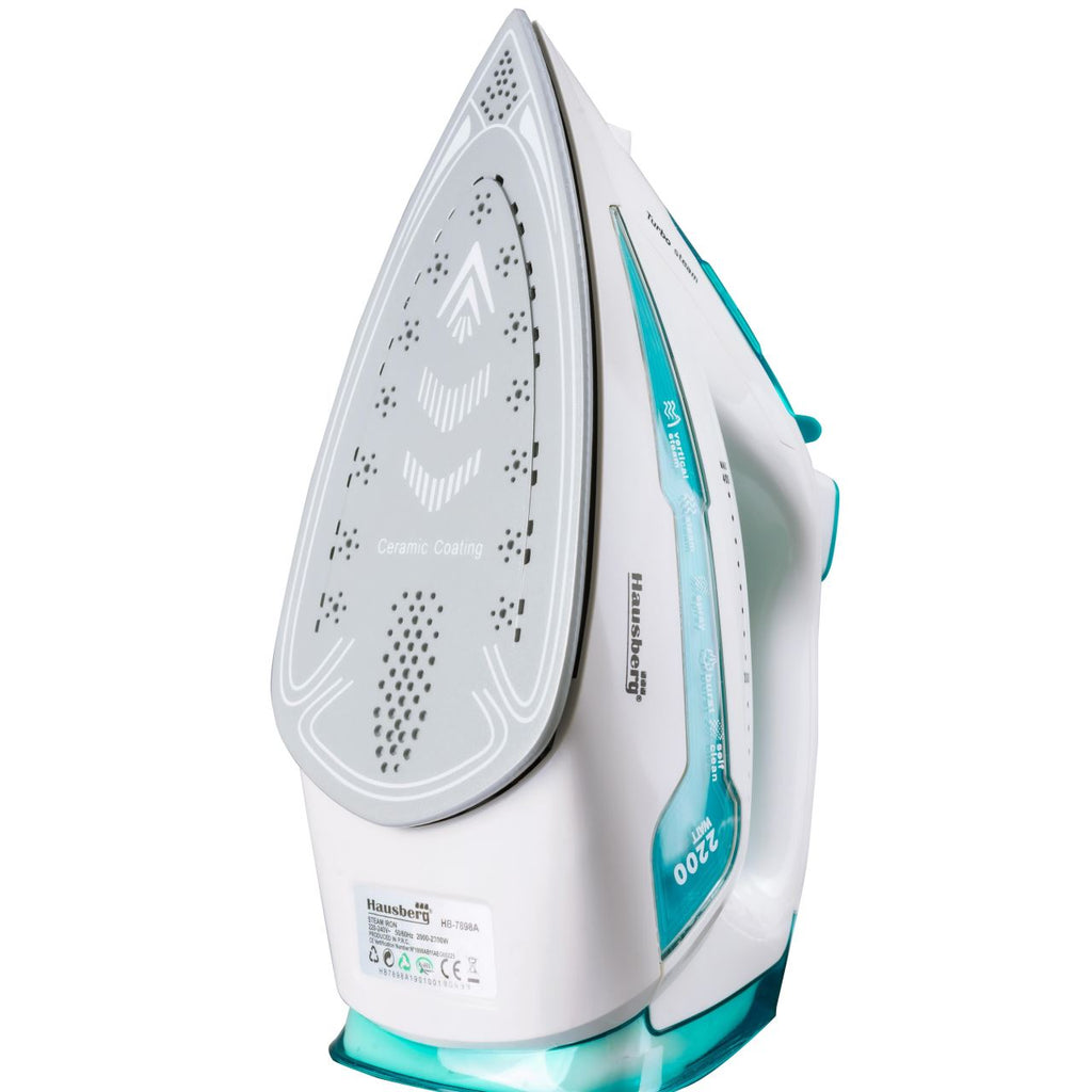Fier de calcat Hausberg HB-7898AB, talpa ceramica, jet de abur 18g/min, Functie spray 2000-2300W, Alb/Albastru