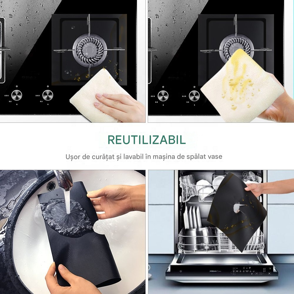 Set 4 Folii Protecție Aragaz din Teflon – Reutilizabile, Rezistente la Căldură 260°C
