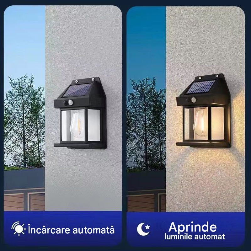 Lampă Solară de Perete tip Felinar cu Senzor de Mișcare | 3 Moduri de Lumină, Acumulator 1200mAh