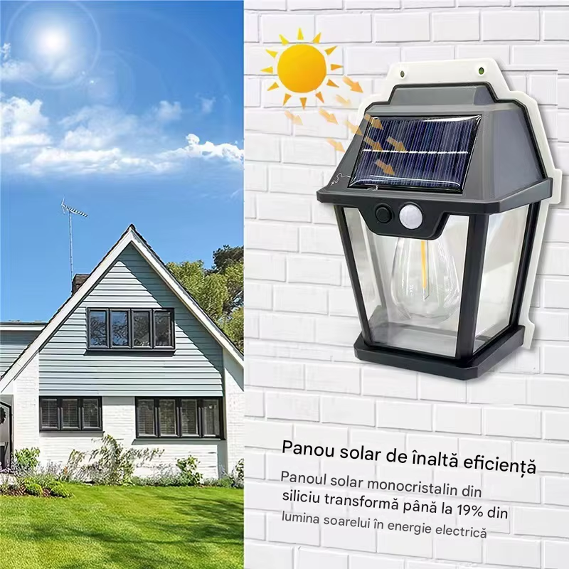 Lampă Solară de Perete tip Felinar cu Senzor de Mișcare | 3 Moduri de Lumină, Acumulator 1200mAh