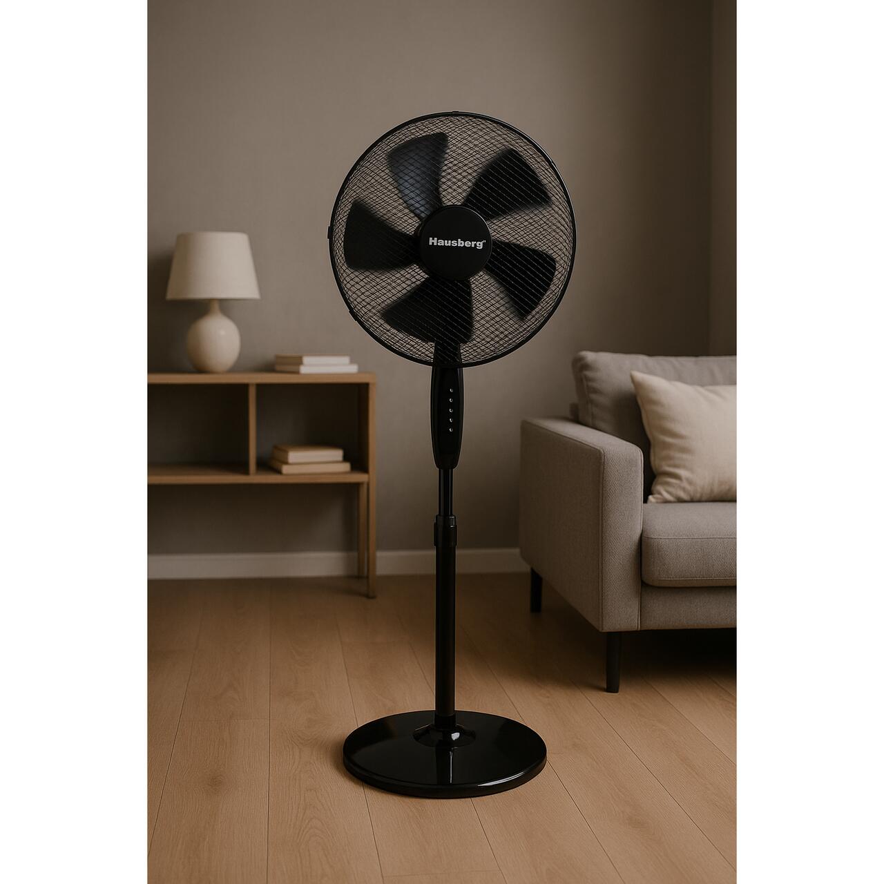 Ventilator cu picior Hausberg HB-5200 Speed, 40W-55W, 40 cm, 3 viteze, timer 1-2 ore, oscilatie, inaltime reglabila, negru