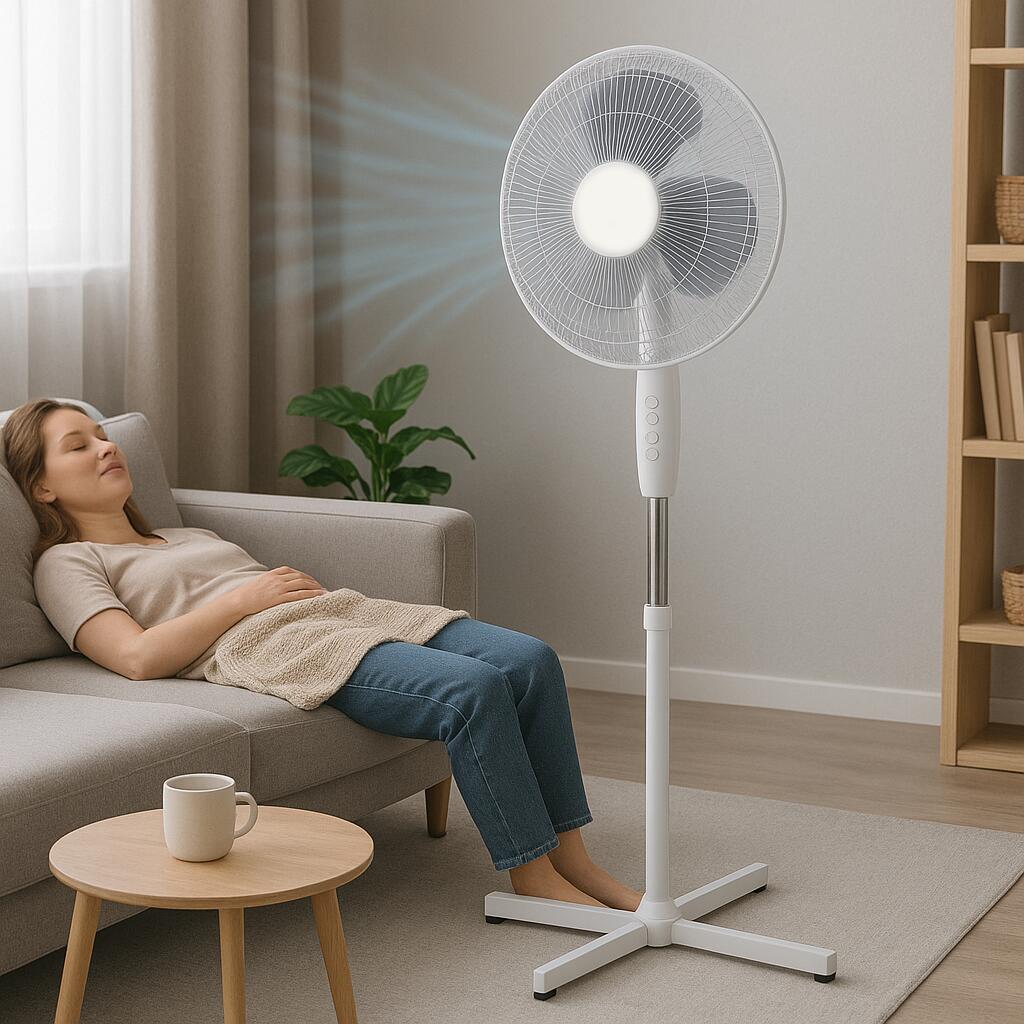 Ventilator cu picior Hausberg XB-110, 45W, 16 inch, 3 viteze, oscilatie, inaltime reglabila, alb