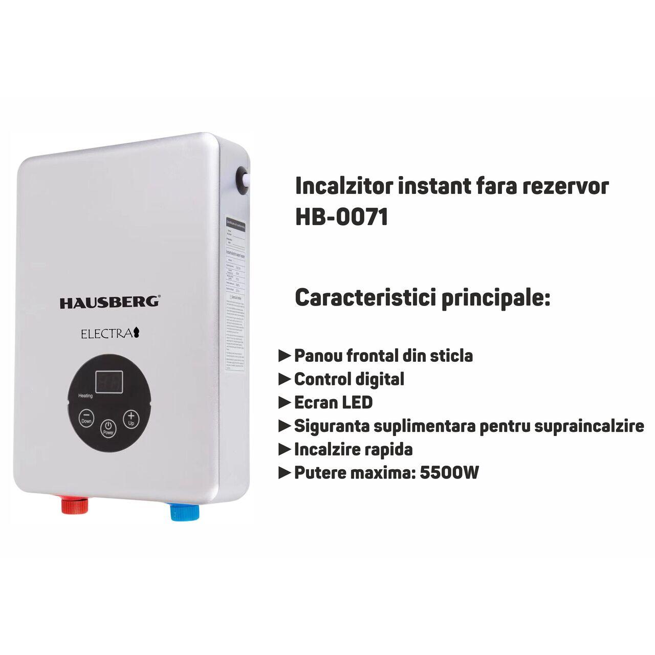 Incalzitor instant fara rezervor Hausberg HB-0071, putere max 5500W 220v, panoul frontal din sticla, control digital, Alb Imagine secundară a produsului