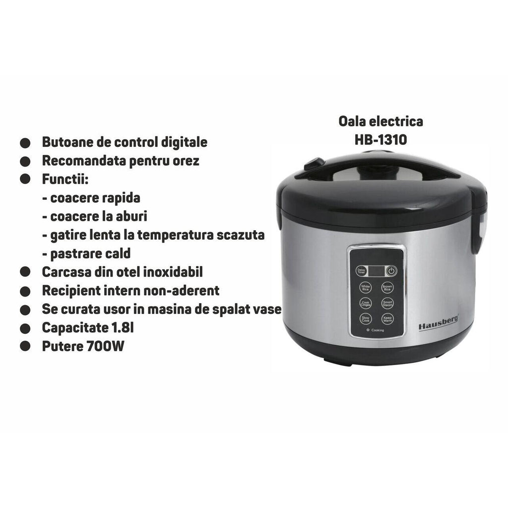 Oala electrica Hausberg HB-1310 ,Control digital ,Putere 700W, Capacitate 1.8L
