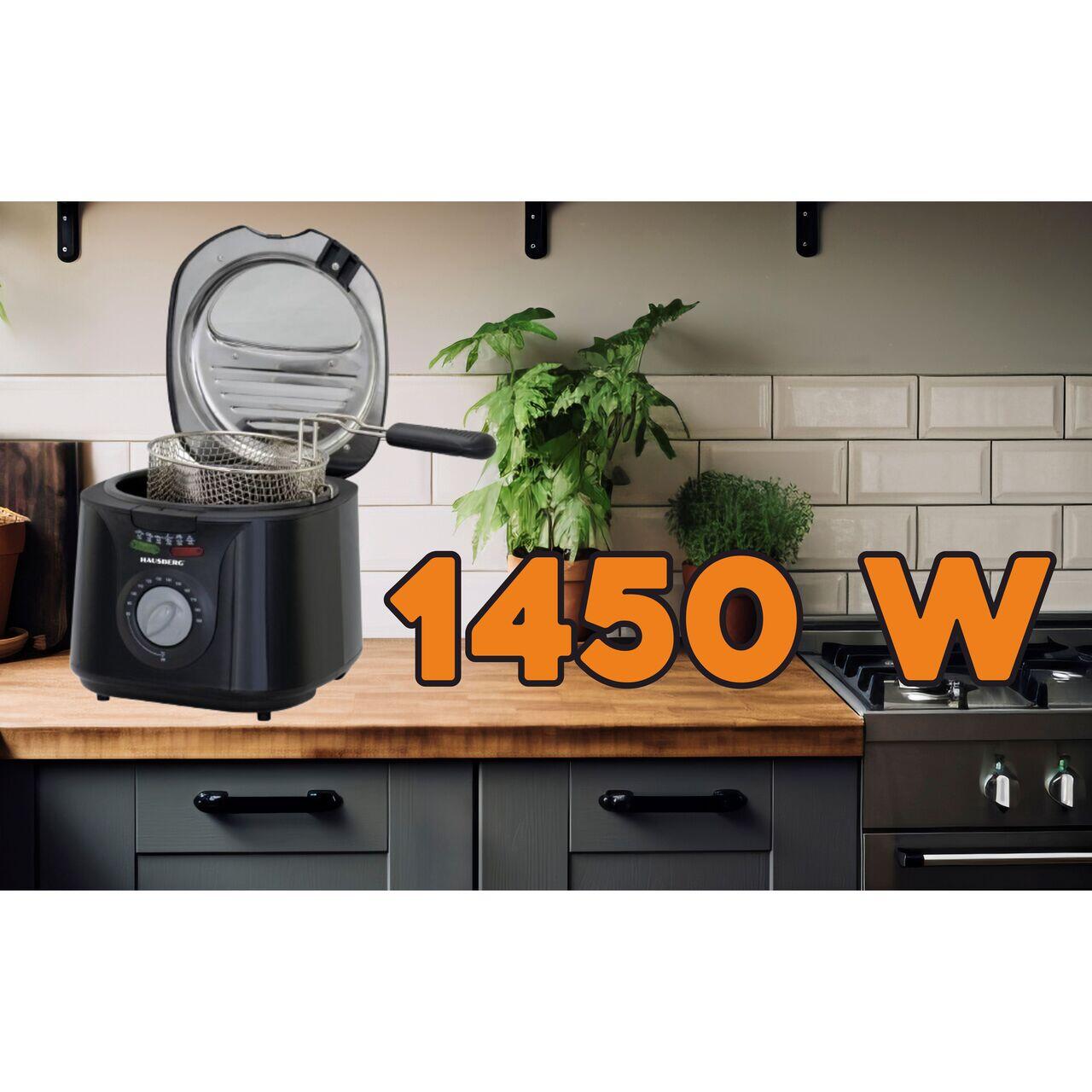 Friteuza HAUSBERG HB-1331NG, 1450 W, 2.5 litri, termostat reglabil 0 - 190 grade C, filtru detasabil din otel inoxidabil, cos cu ulei, protectie supraincalzire, picioare antiderapante, Negru