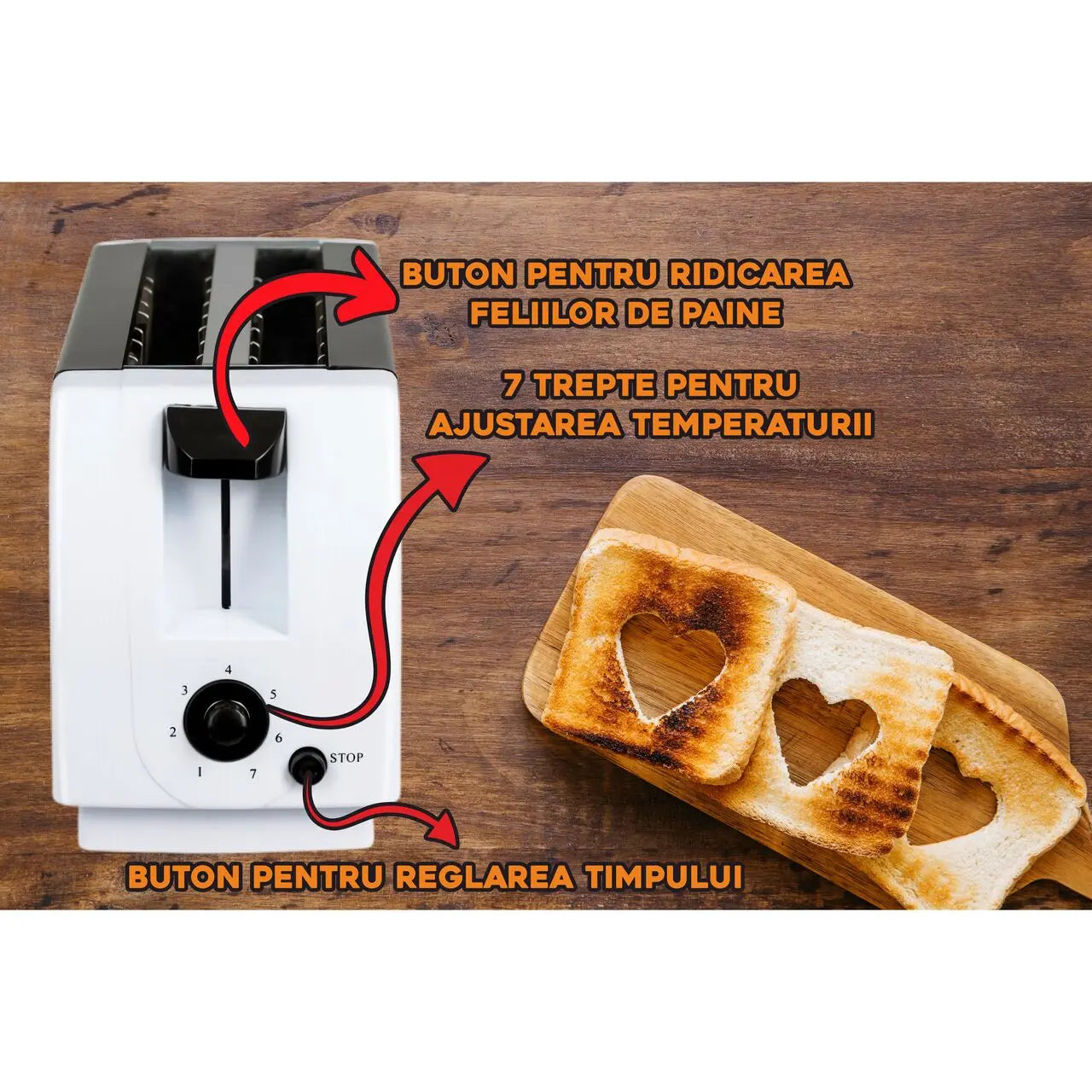 Prajitor de paine HAUSBERG HB-150NG, 750W, 7 setari, 2 felii, oprire automata, picioare anti-alunecare, Negru-Alb