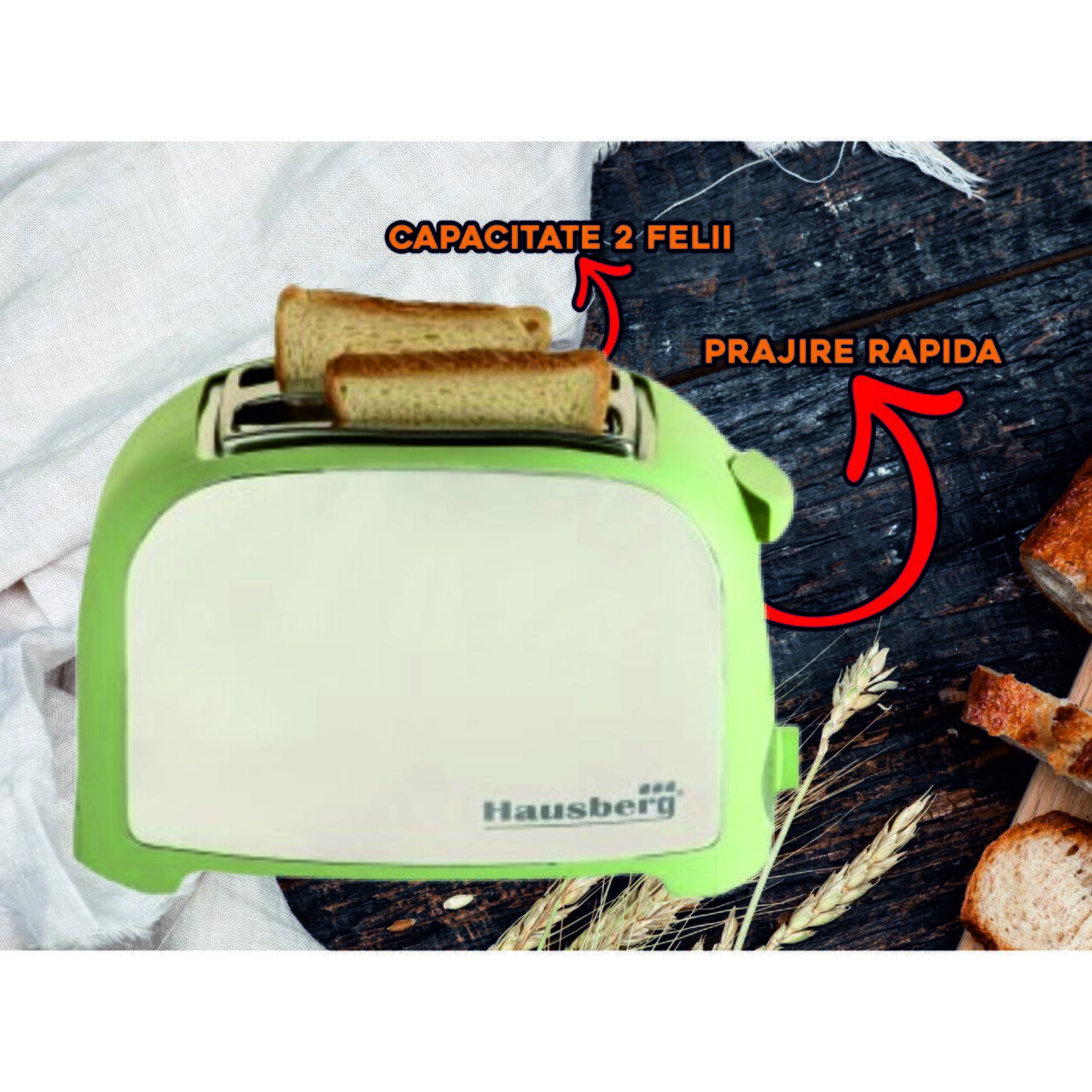 Prajitor paine 2 felii Hausberg, HB-190VR, 750W, declansare automata, Verde