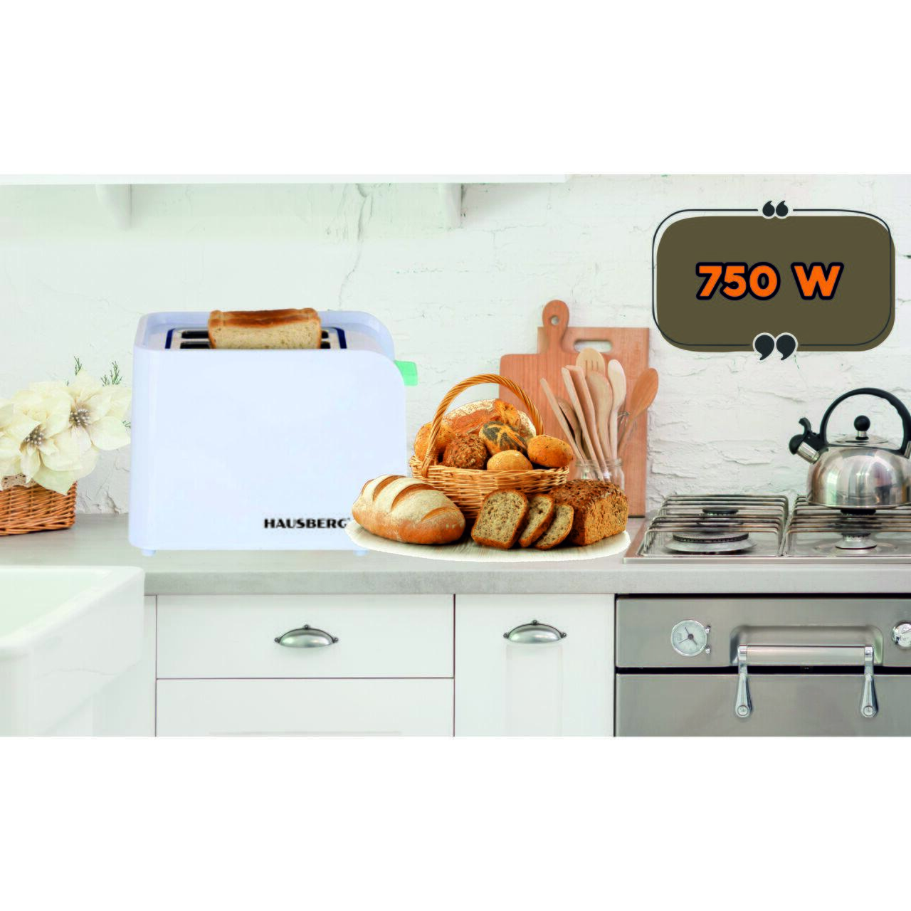 Prajitor de paine Hausberg HB-195BL, 750 W, 2 felii, functie decongelare, functie reincalzire, 6 trepte putere, Alb/Bleu