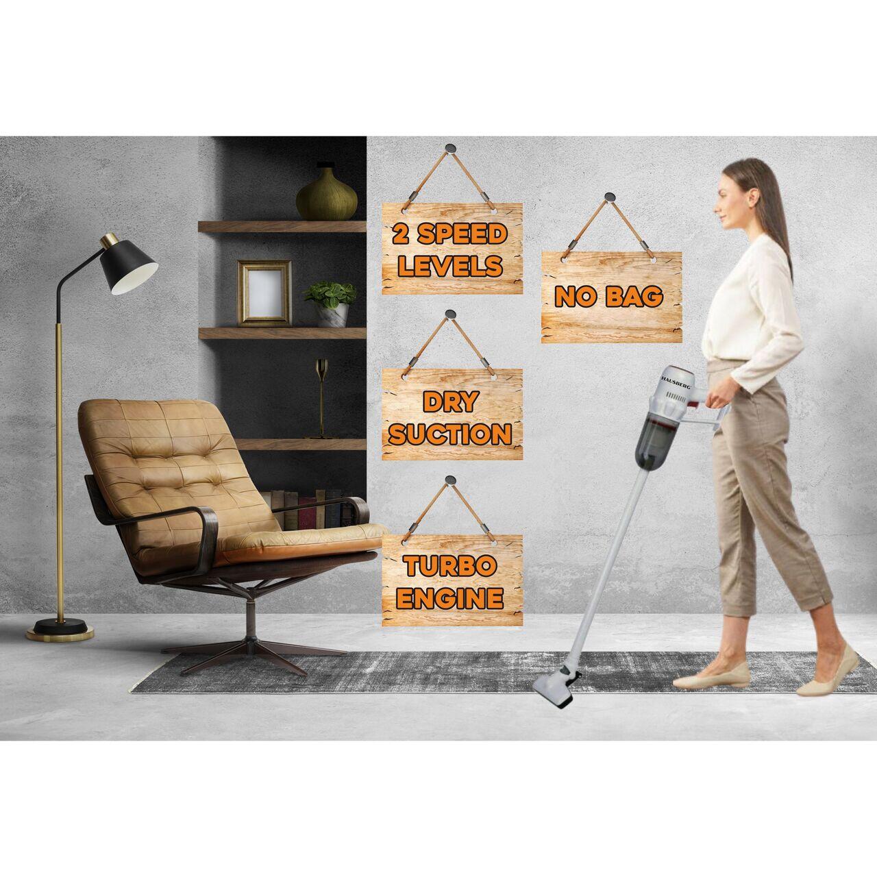 Aspirator vertical 2 in 1 HAUSBERG HB-2024AB, fara sac, aspirare uscata, 2 niveluri de viteza, motor turbo, 0.7 L, 600-800W, Alb Imagine secundară a produsului