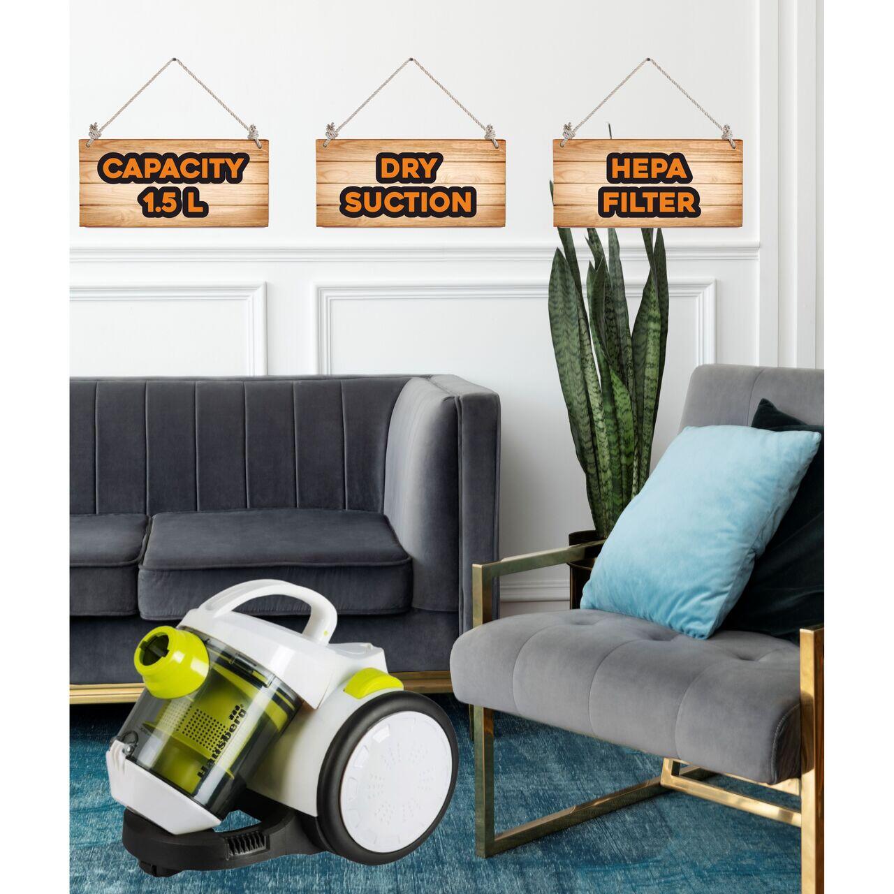Aspirator fara sac Hausberg HB-2090VR, 1500W, capacitate 1.5 L, aspirare uscata, ciclonic, filtru HEPA, Alb-Verde