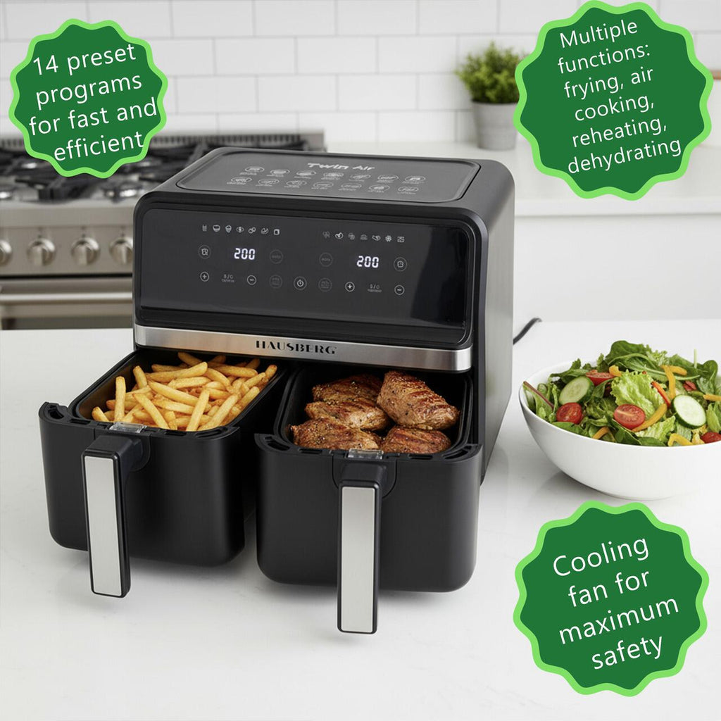 Friteuza dubla cu aer cald HAUSBERG HB-2373NG, 2200-2400W, capacitate 8.4L, termostat reglabil cu afisaj LED, control digital individual, 14 programe prestabilite, temporizator 60 min, ventilator de racire, Negru