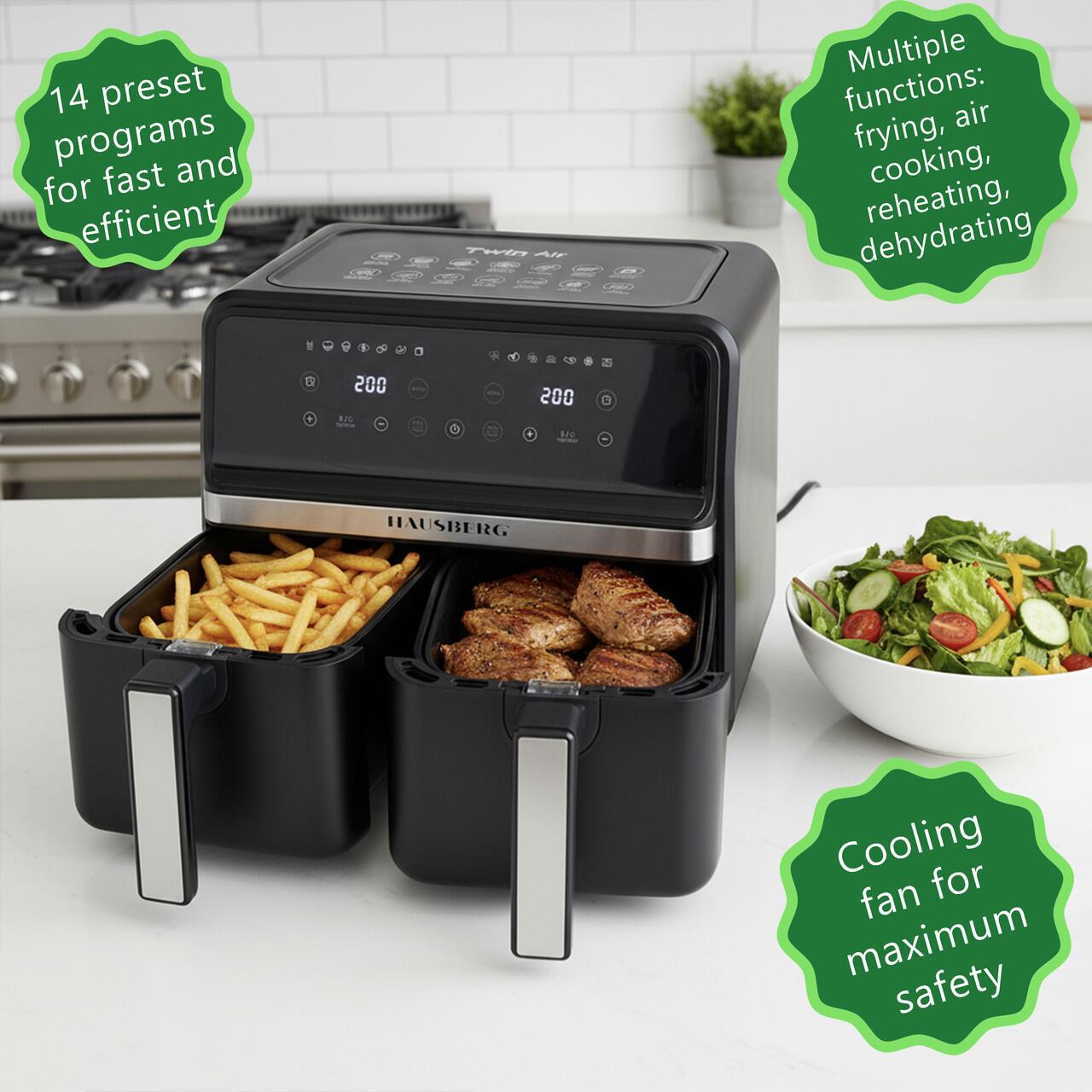 Friteuza dubla cu aer cald HAUSBERG HB-2373NG, 2200-2400W, capacitate 8.4L, termostat reglabil cu afisaj LED, control digital individual, 14 programe prestabilite, temporizator 60 min, ventilator de racire, Negru